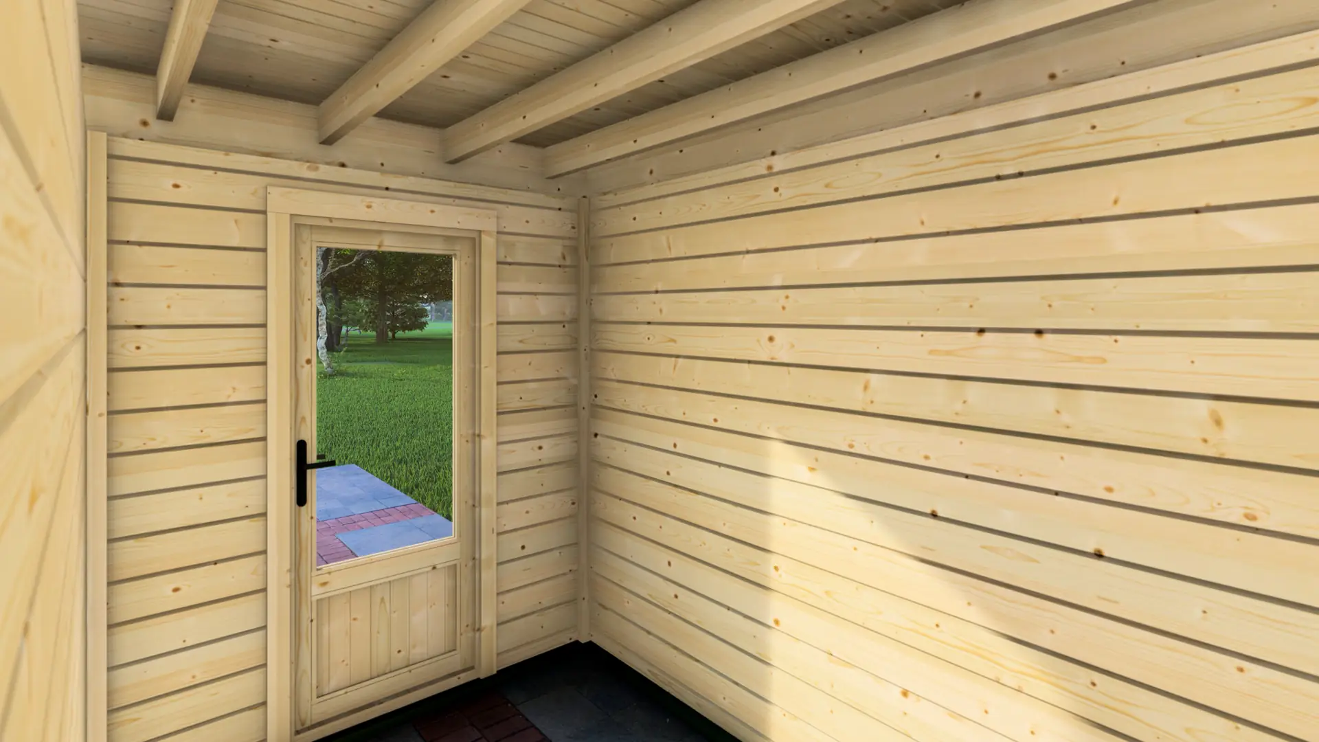 Cabin 2x3m interior with 28mm horizontal wall panels and glass door Cabin 2x3m interior showing light-colored wooden plank walls and ceiling with a glass-paned door opening to outdoor greenery