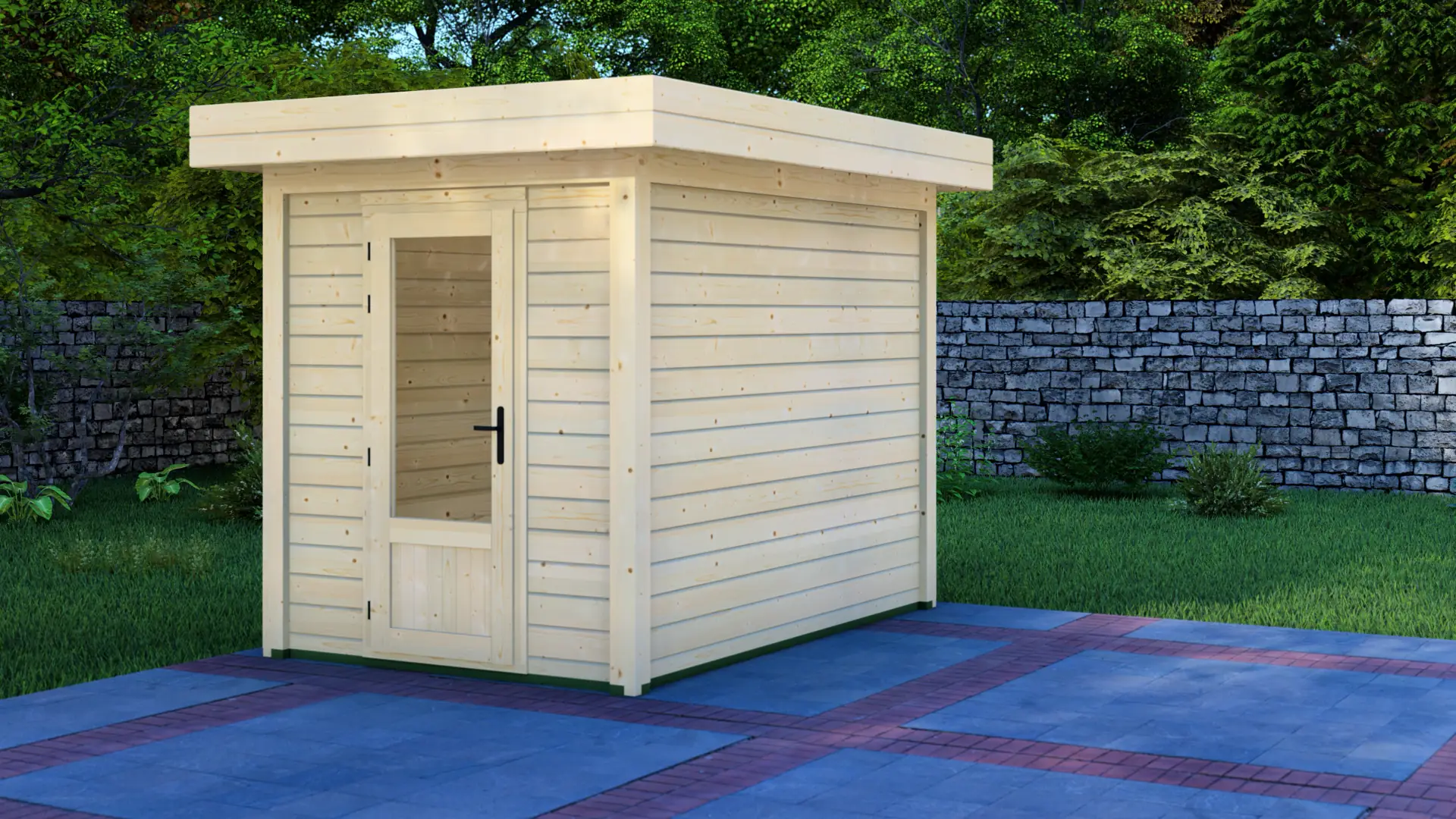 Cabin 2x3m - Modern Timber Shed Exterior Front View Cabin 2x3m modern timber shed with flat roof and glass-paned door on patterned tile patio