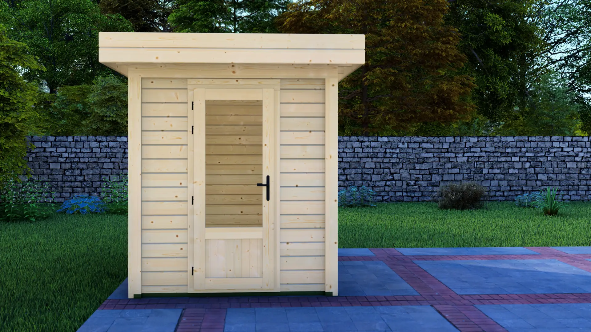 Cabin 2x3m Modern Timber Shed with Glass Door Cabin 2x3m modern wooden shed with glass-paneled door, constructed from light-colored horizontal planks and flat roof in backyard setting