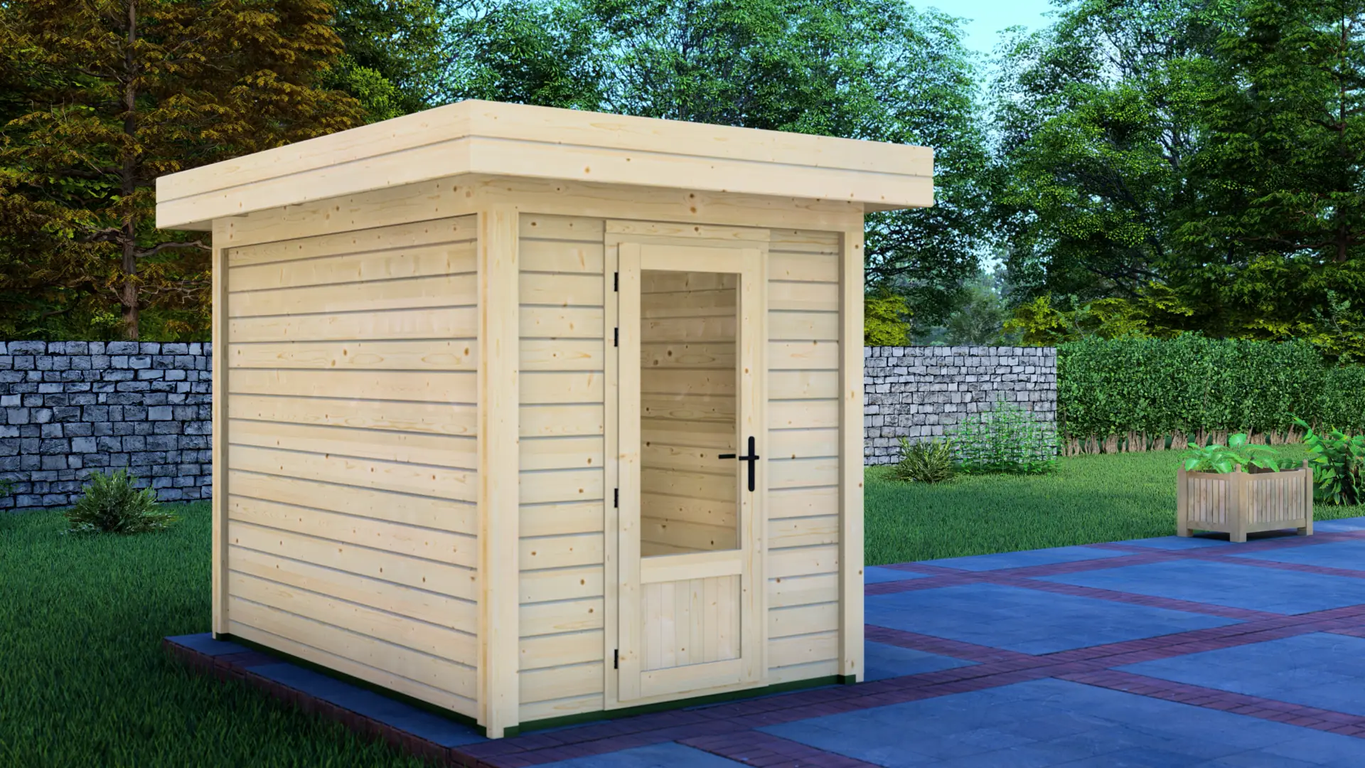 Cabin 2x3m - Premium 6m² Modern Timber Cabin Exterior Front View Cabin 2x3m modern wooden shed with flat roof constructed from light-colored horizontal planks, featuring a single door with glass panel