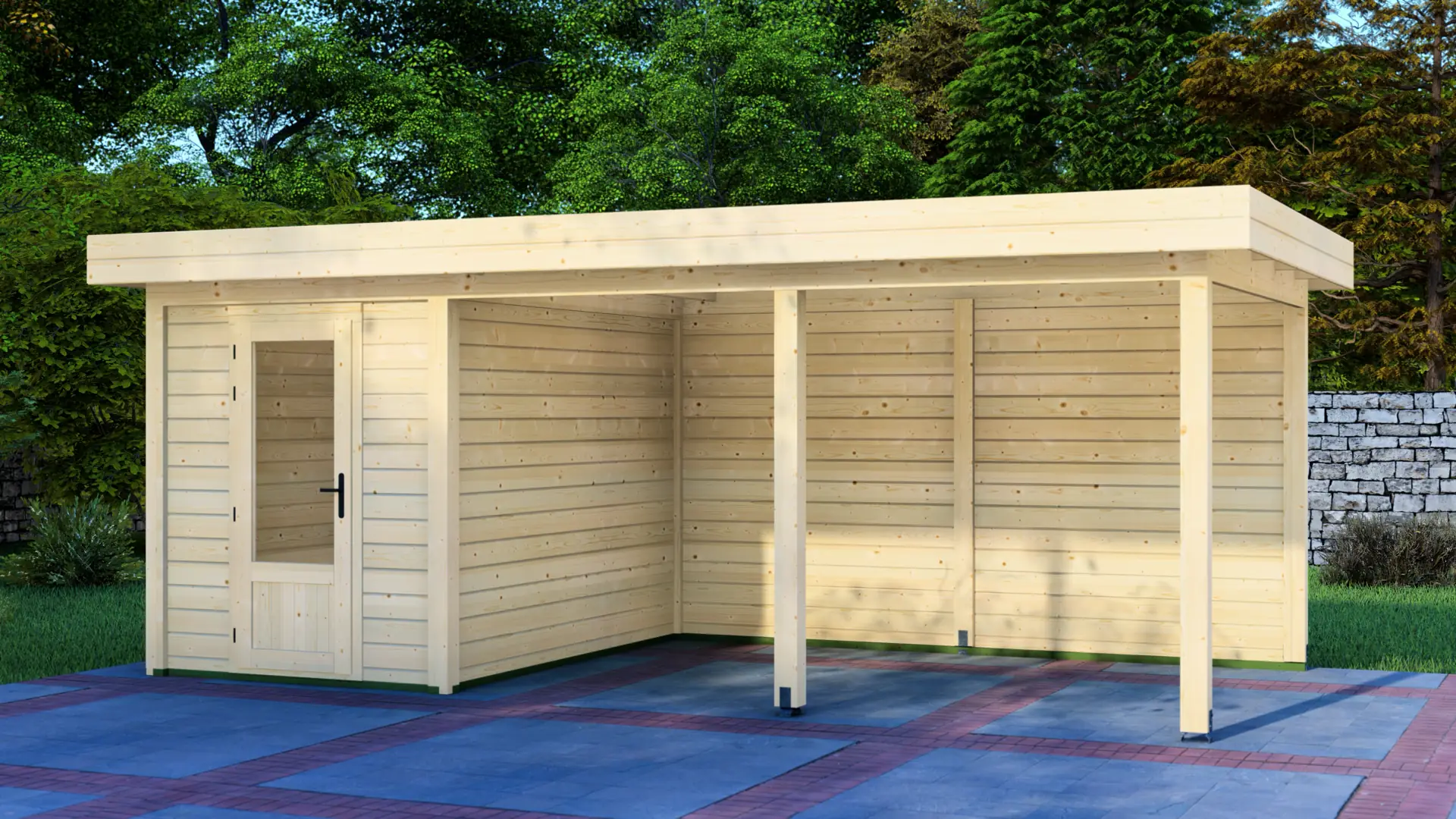 Cabin 2x3m with Canopy 4x3m - Modern Post System wooden structure with Nordic spruce panels Cabin 2x3m with Canopy 4x3m shows a light-colored wooden structure with horizontal planks, featuring a glass-pane door and open-sided section on a paved outdoor area.