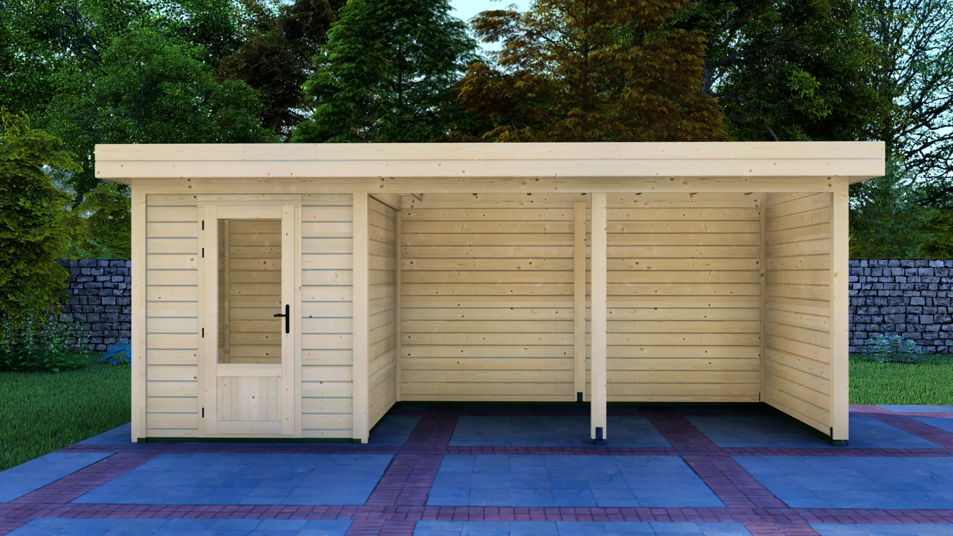 Cabin 2x3m with Canopy 4x3m - Exterior side view with backwall and side wall configuration Cabin 2x3m with Canopy 4x3m Modern Post System wooden structure with flat roof, horizontal Nordic spruce panels, and open side wall configuration