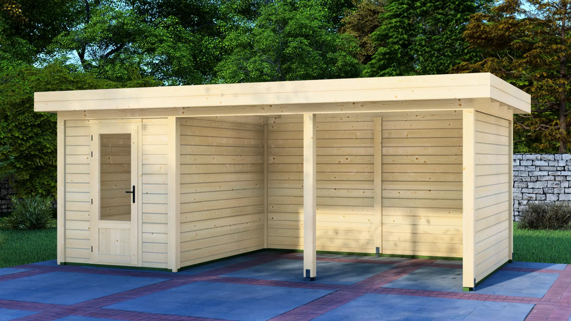 Cabin 2x3m with Canopy 4x3m - Backwall Side Wall Exterior View Cabin 2x3m with Canopy 4x3m shows a light-colored wooden structure with flat roof and glass-panel door set against green trees and stone wall