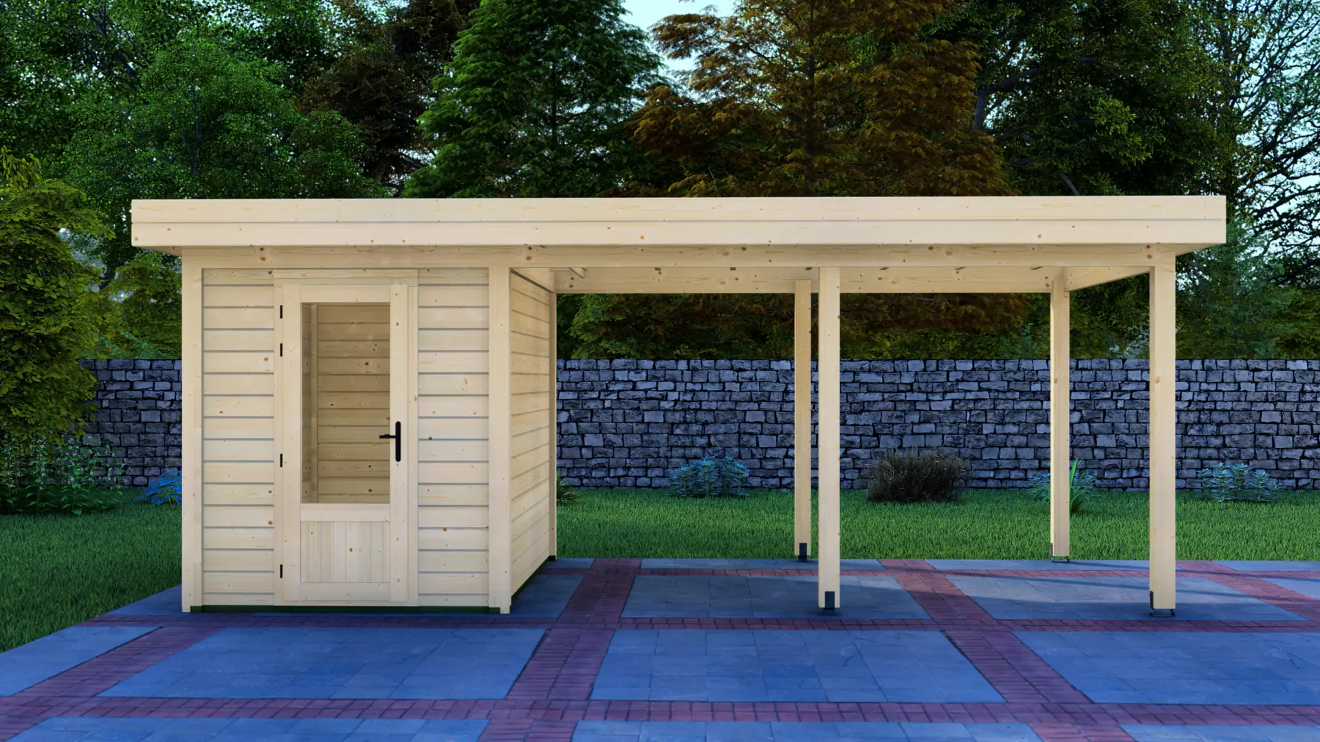 Cabin 2x3m with Canopy 4x3m - Front exterior view of prefabricated wooden structure Cabin 2x3m with Canopy 4x3m shows a modern wooden structure with an enclosed cabin section and open canopy area, made from horizontal Nordic spruce planks with a flat roof.