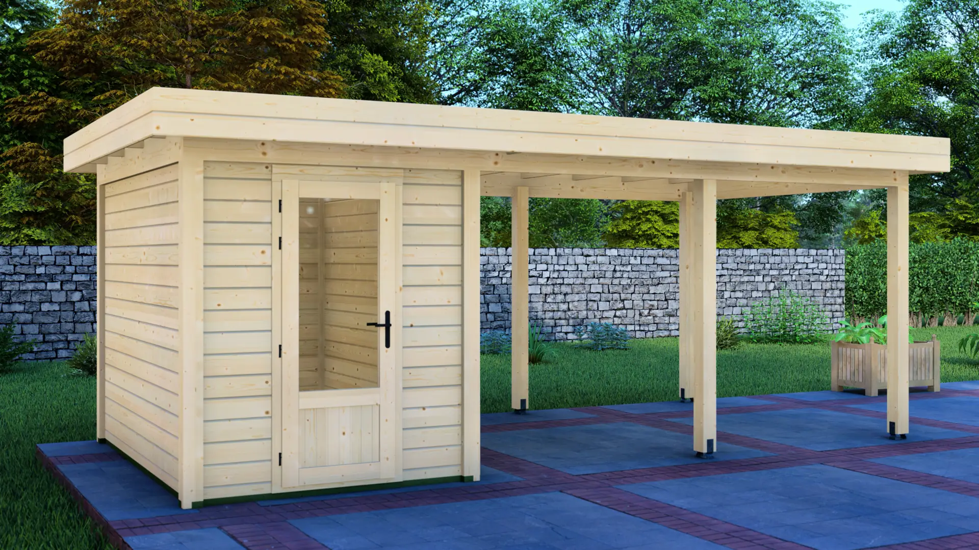 Cabin 2x3m with Canopy 4x3m - Modern Post System with Nordic Spruce Panels Cabin 2x3m with Canopy 4x3m features a modern wooden garden shed with glass-paned door attached to an open-sided covered area, set against stone wall and greenery