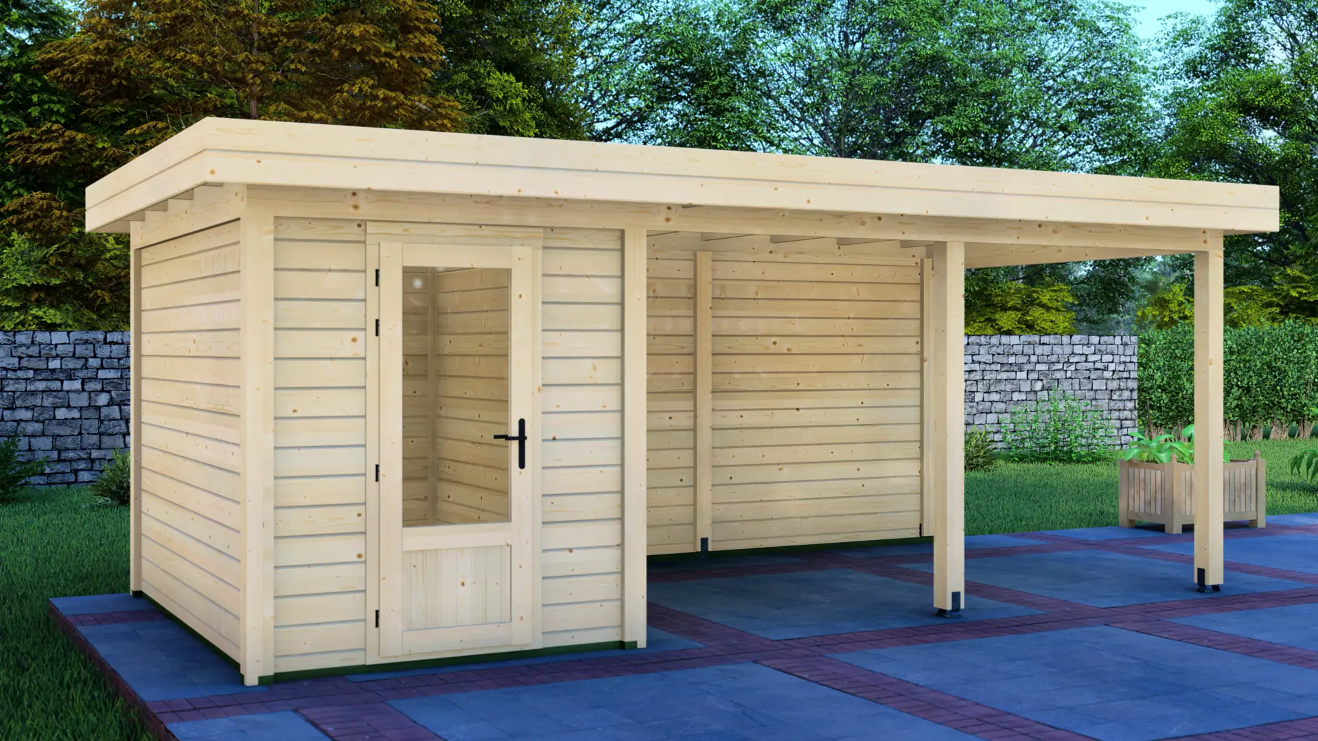 Modern Post System cabin (2x3m) with canopy (4x3m) - 28mm Nordic spruce wall panels Cabin 2x3m with Canopy 4x3m features a light-colored wooden cabin with horizontal plank siding and glass-paneled door under a covered porch area