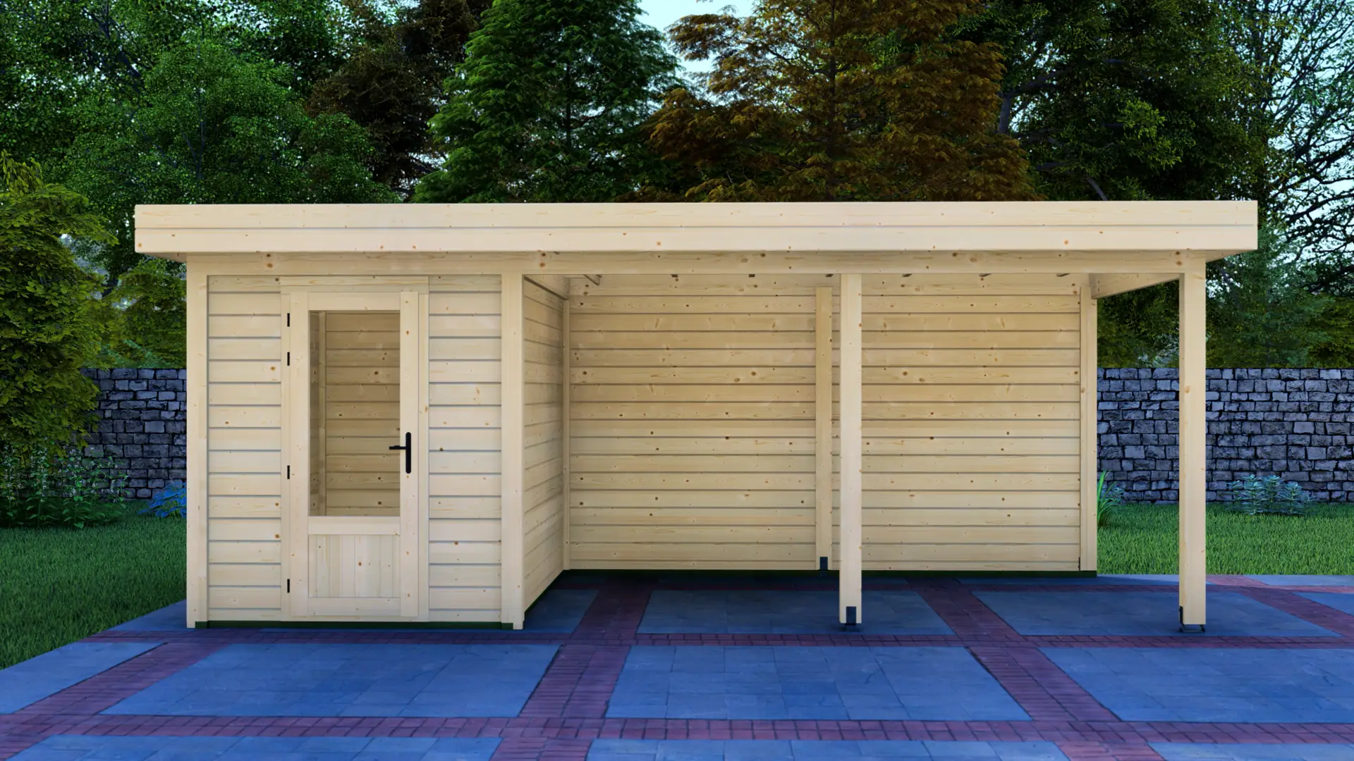 Modern Post System Cabin 2x3m with Canopy 4x3m - Back Exterior View Cabin 2x3m with Canopy 4x3m modern wooden cabin with flat roof and glass-paneled door, featuring an open-sided covered area constructed from horizontal planks