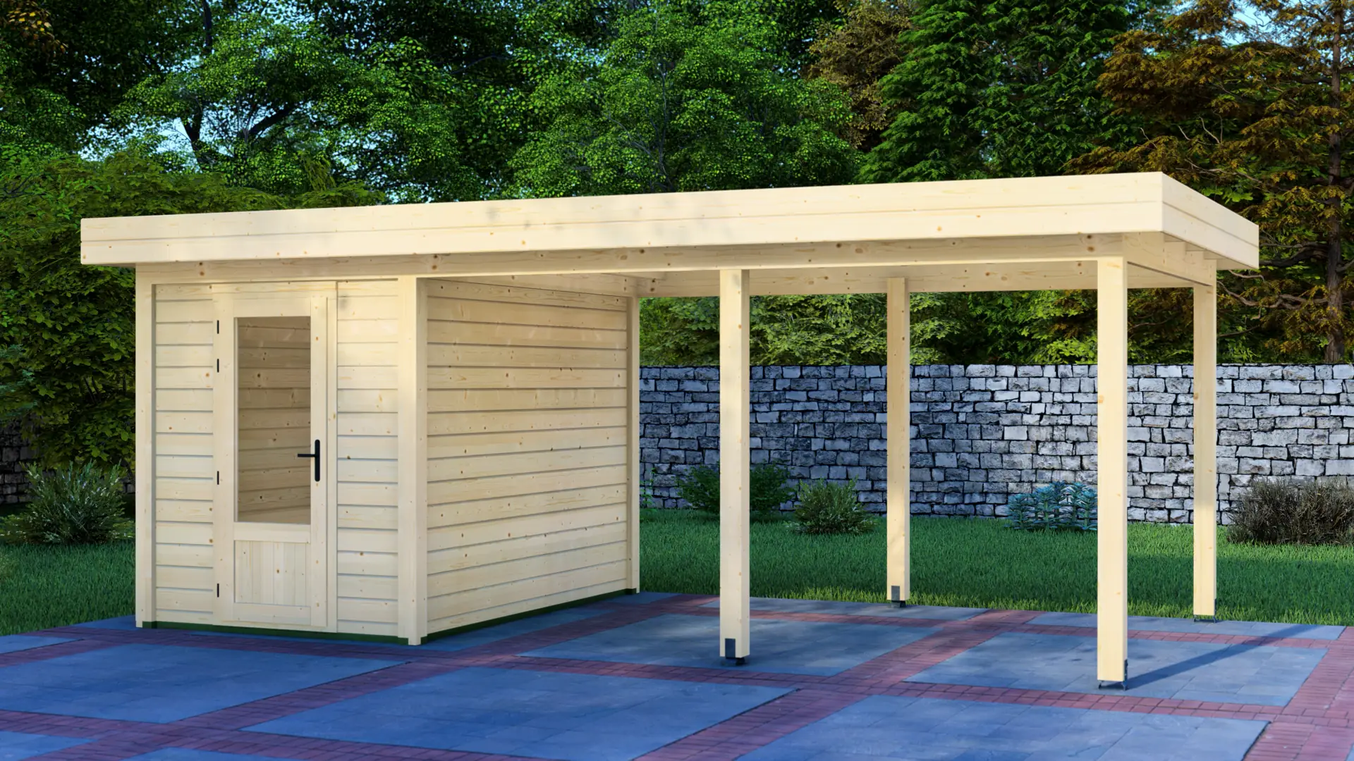 Cabin 2x3m with Canopy 4x3m - Modern Post System wooden structure with 28mm Nordic spruce panels Cabin 2x3m with Canopy 4x3m shows a light-colored wooden structure combining a shed with glass-paned door and an open carport area, set against green trees and stone wall