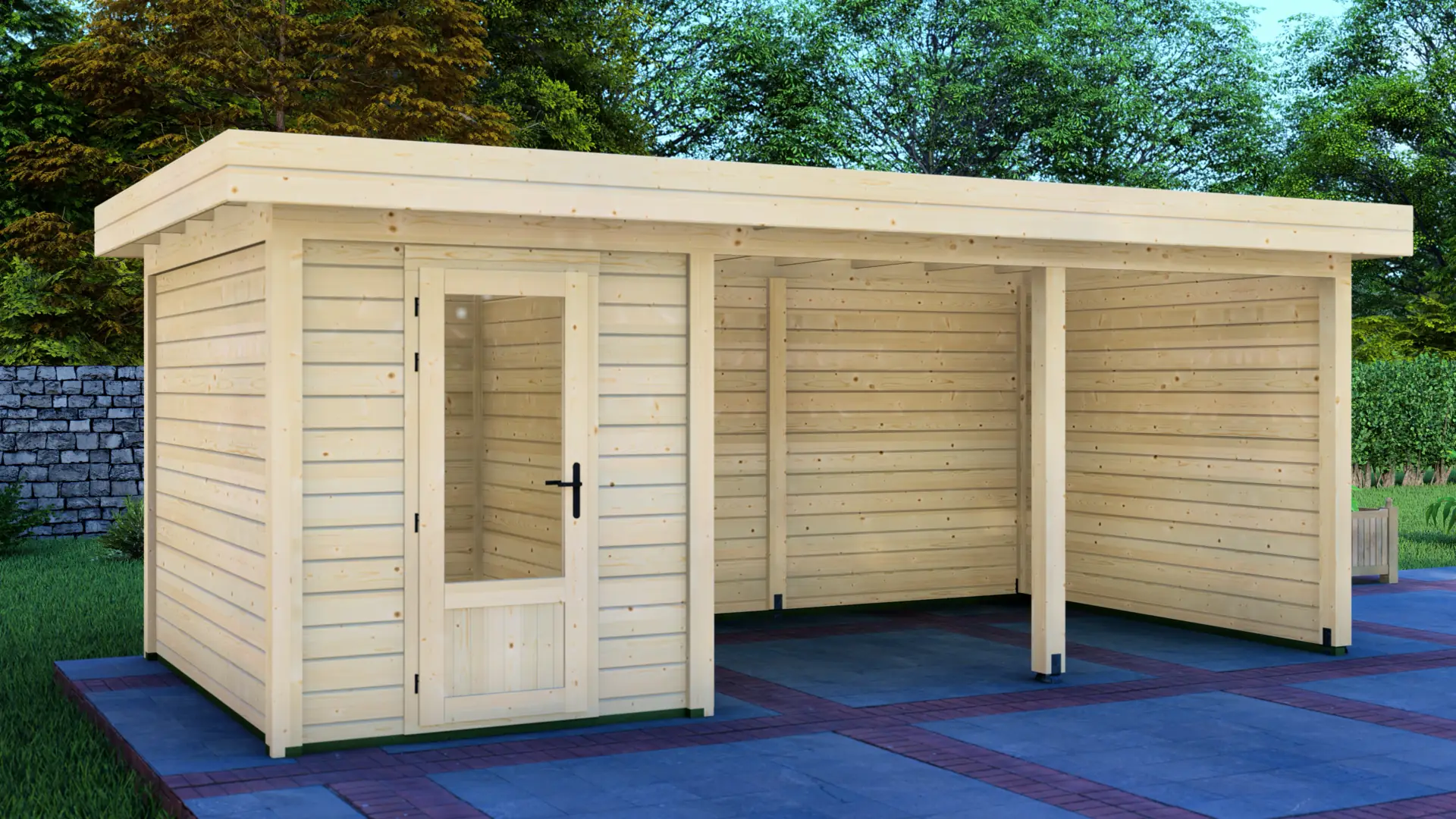 Modern Post System Cabin 2x3m with Canopy 4x3m - Side View Cabin 2x3m with Canopy 4x3m shows a modern wooden cabin with horizontal plank siding and glass-paneled door, featuring a flat roof and open-sided canopy extension