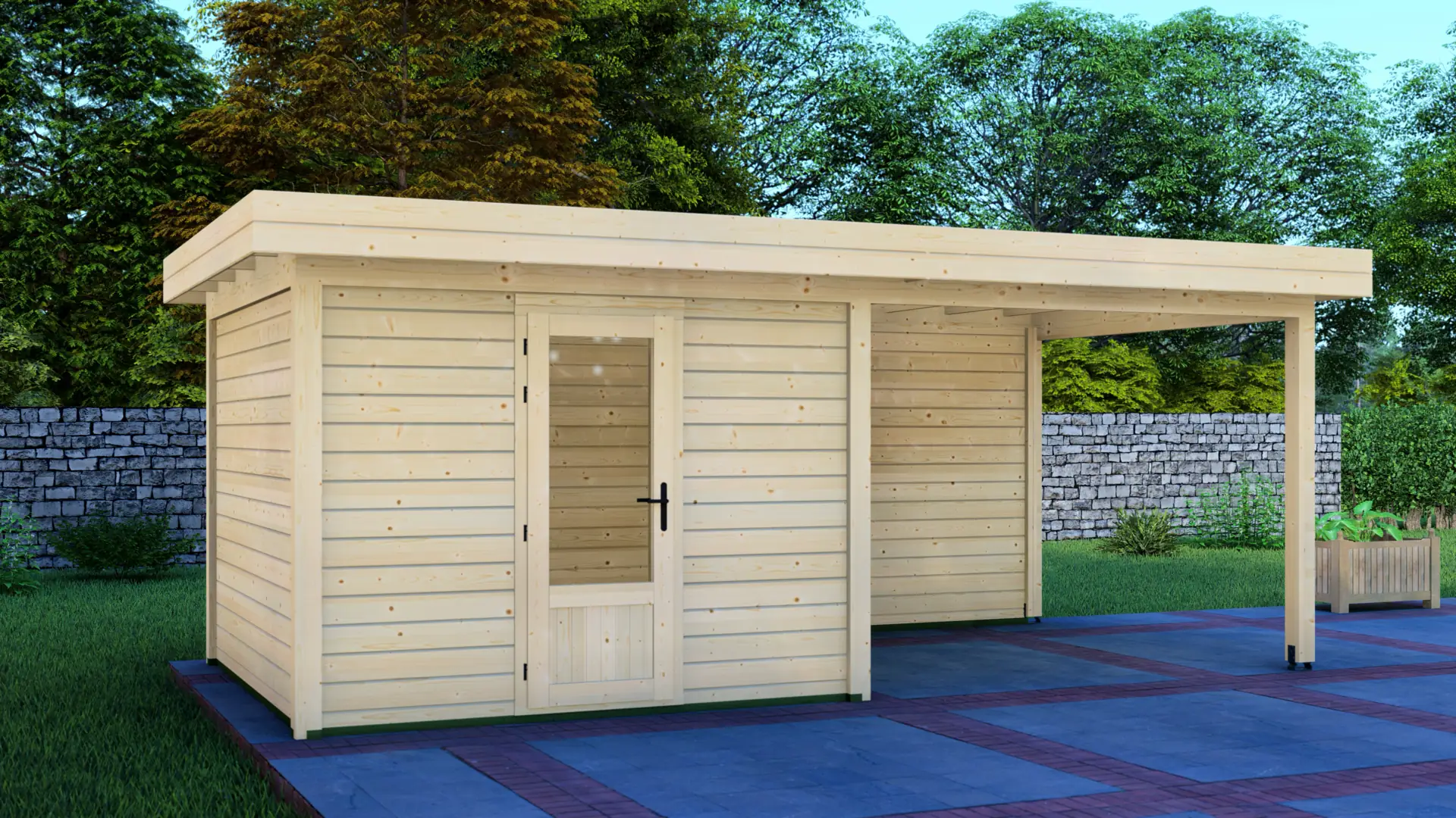 Cabin 3x3m with Canopy 3x3m - Back Wall Exterior View Cabin 3x3m with Canopy 3x3m showing the back wall of the light-colored wooden structure with horizontal planks and flat roof on a paved outdoor area