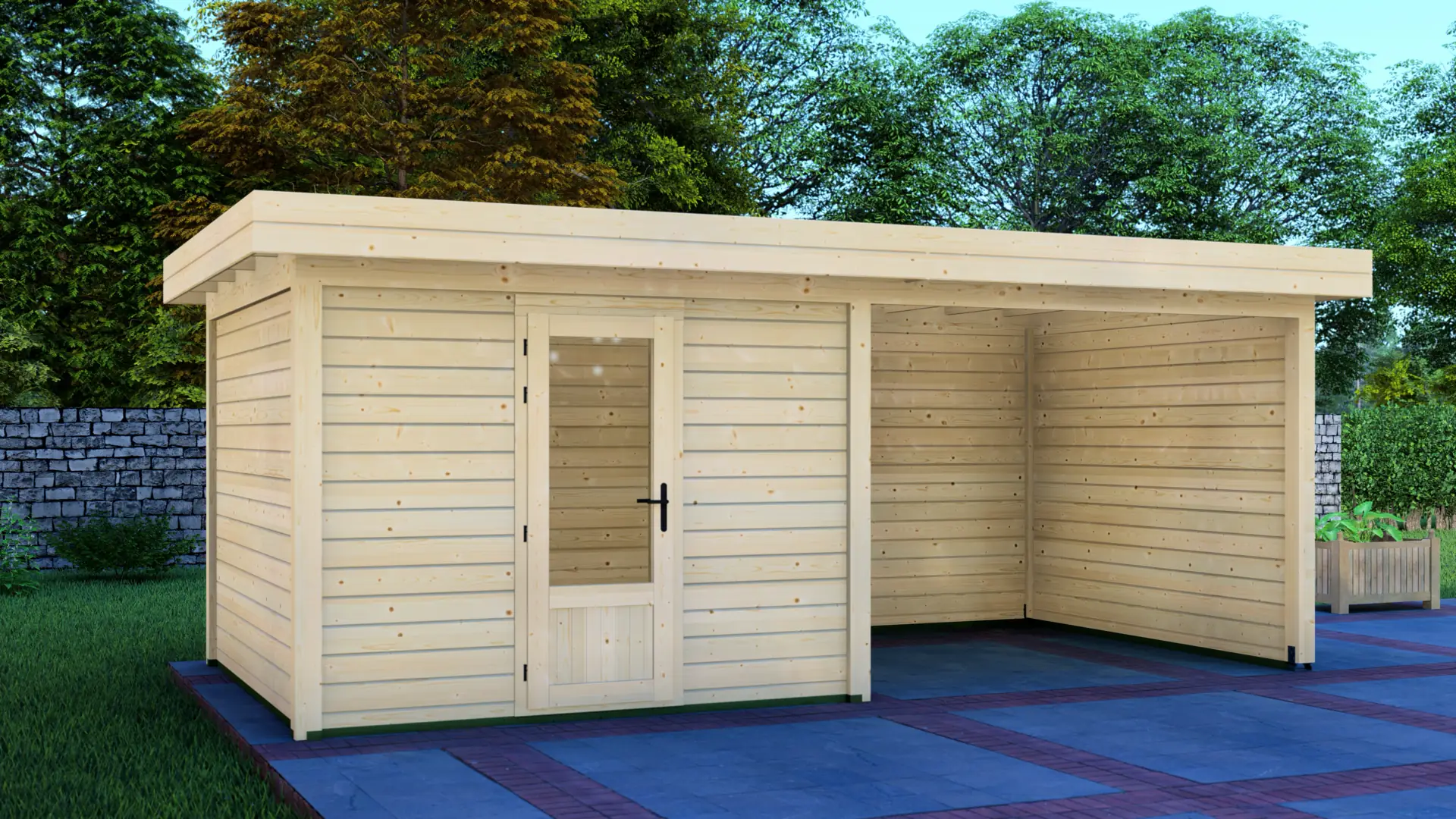 Cabin 3x3m with Canopy 3x3m - Back Wall and Side Wall Exterior View Cabin 3x3m with Canopy 3x3m shows a light-colored wooden garden shed with flat roof constructed from horizontal planks, featuring a single door with glass pane, situated outdoors on paved area with greenery in background