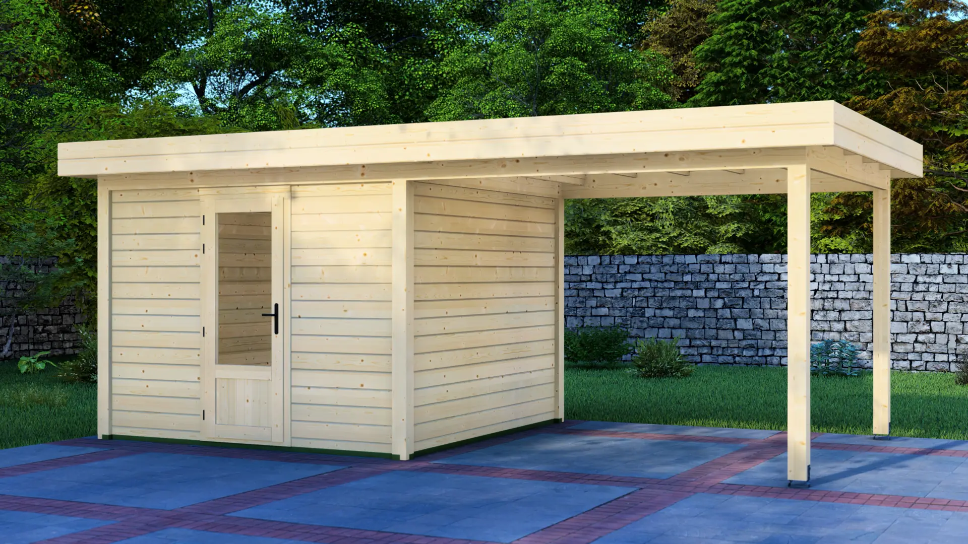 Cabin 3x3m with Canopy 3x3m - Light Wooden Structure with Sloped Roof and Glass Door Cabin 3x3m with Canopy 3x3m shows a light-colored wooden structure with sloped roof and glass-panel door, featuring an open carport side in an outdoor setting