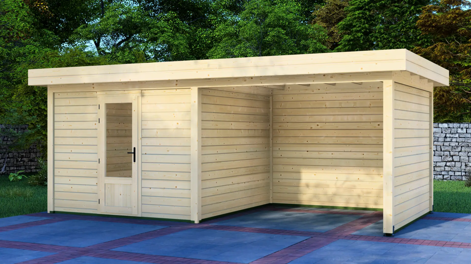 Cabin 3x3m with Canopy 3x3m - Modern Wooden Structure with Flat Roof Cabin 3x3m with Canopy 3x3m modern wooden cabin with flat roof, glass door, and open-sided section on paved area with green backdrop