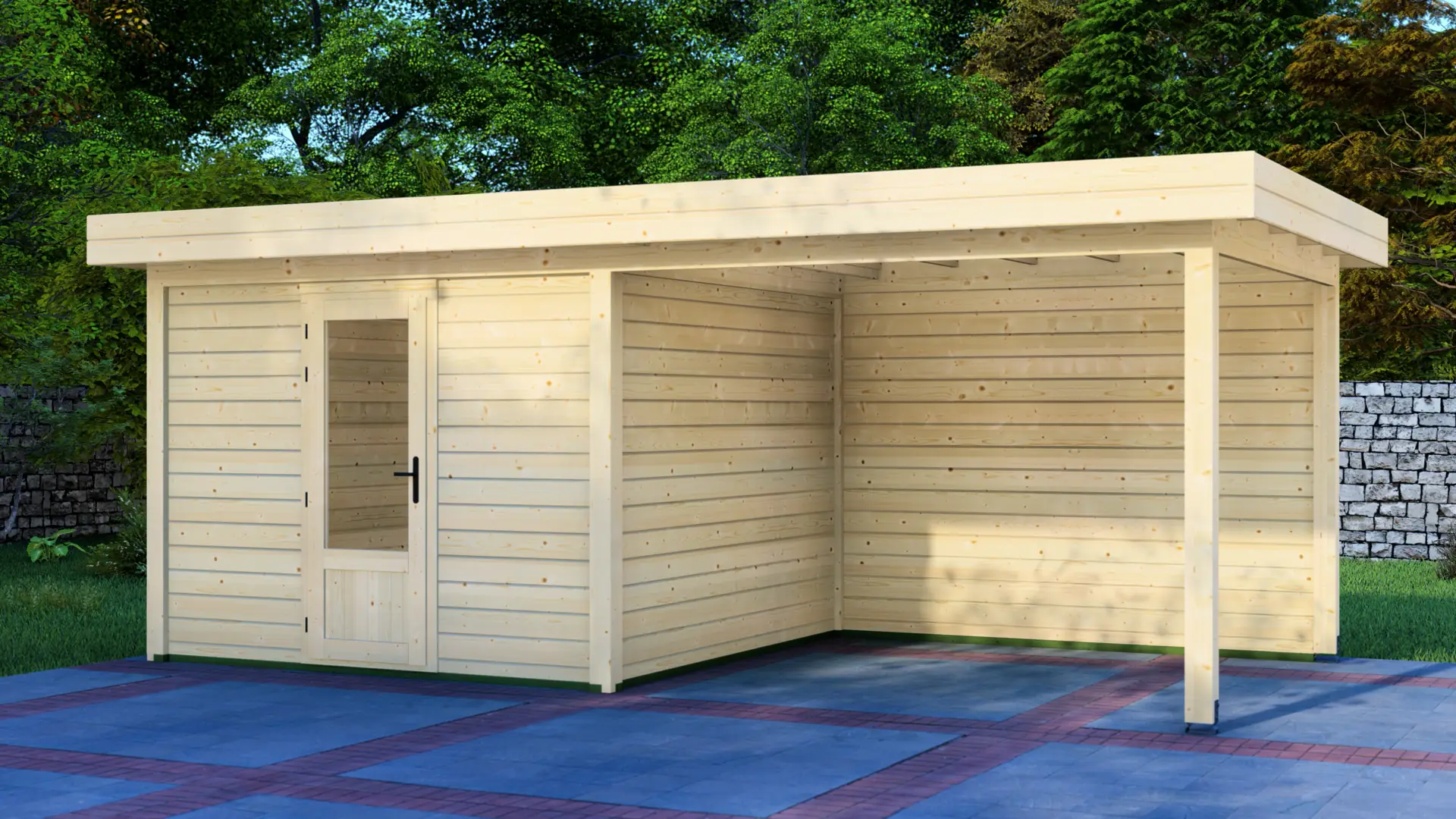 Cabin 3x3m with Canopy 3x3m - Modern Wooden Shed with Flat Roof and Covered Area Cabin 3x3m with Canopy 3x3m modern wooden shed with flat roof and attached covered area supported by posts, situated on paved patio with green backdrop