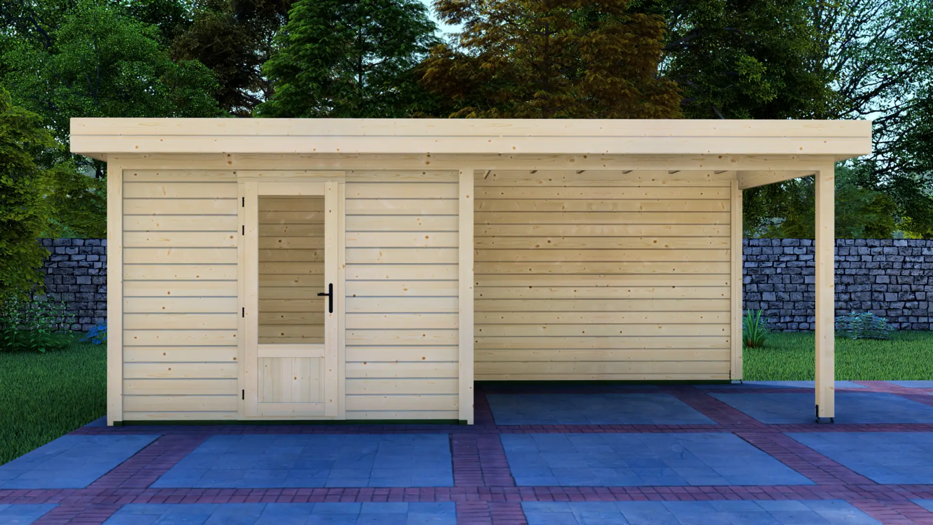 Cabin 3x3m with Canopy 3x3m - Modern Wooden Structure with Flat Roof and Glass Door Cabin 3x3m with Canopy 3x3m modern wooden structure with flat roof, glass door, and open-sided section set against green trees and stone wall