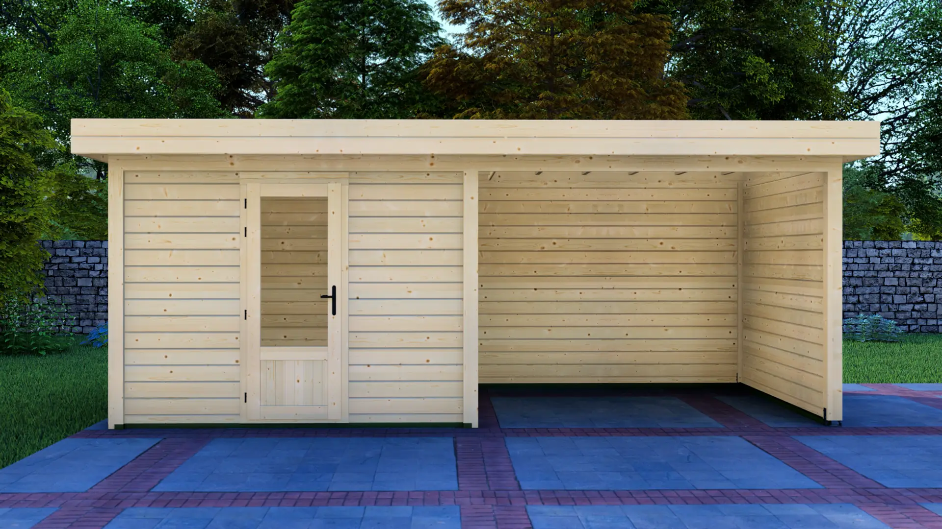 Cabin 3x3m with Canopy 3x3m - Modern Wooden Structure with Glass Door and Open Section Cabin 3x3m with Canopy 3x3m modern wooden structure with glass-paned door and open-air section constructed from horizontal planks, set against lush green trees