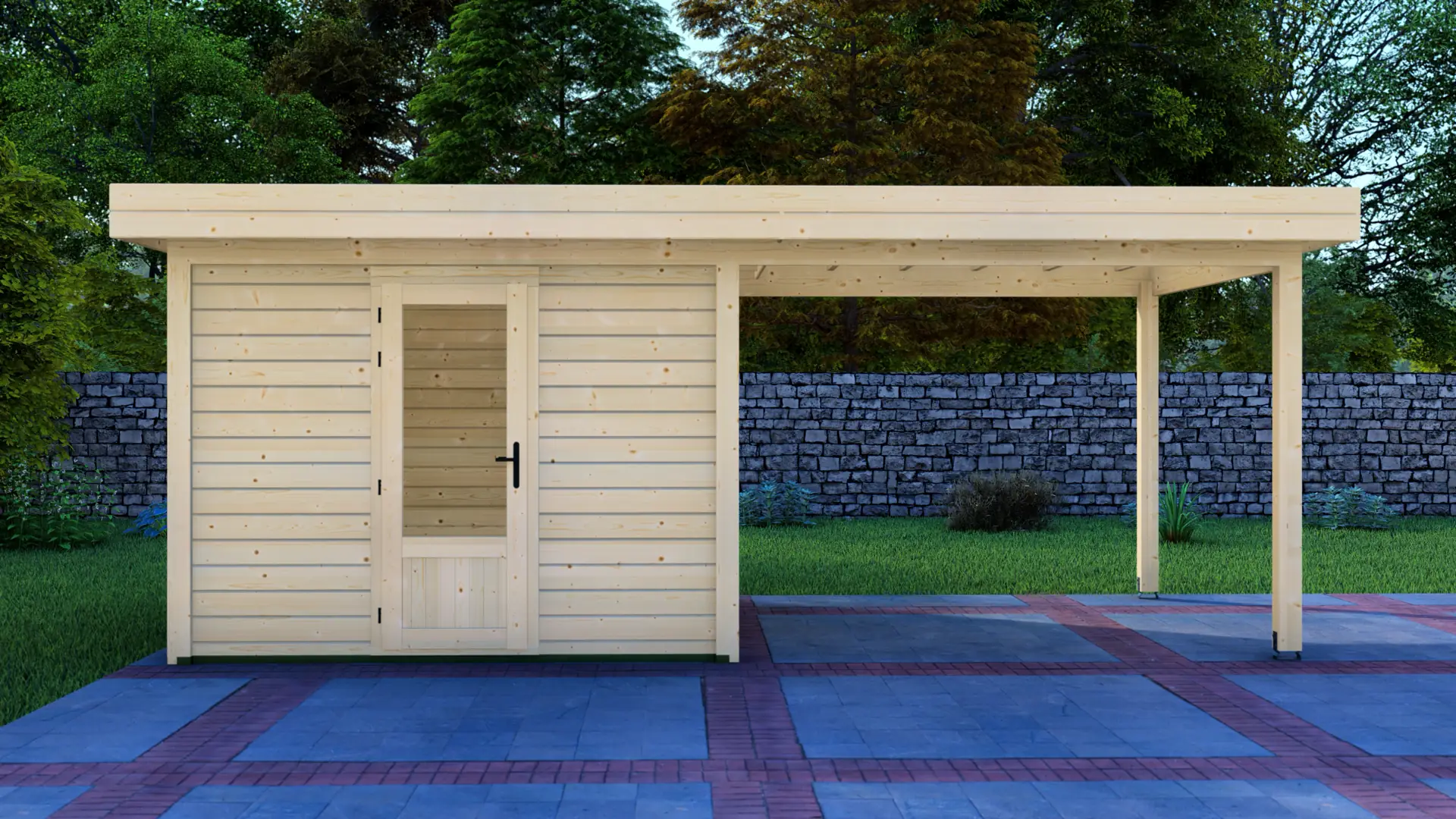 Cabin 3x3m with Canopy 3x3m - Modern wooden structure with horizontal paneling and glass door Cabin 3x3m with Canopy 3x3m shows a light-colored wooden structure with horizontal paneling, a glass-pane door, and an attached open-sided shelter set against green trees