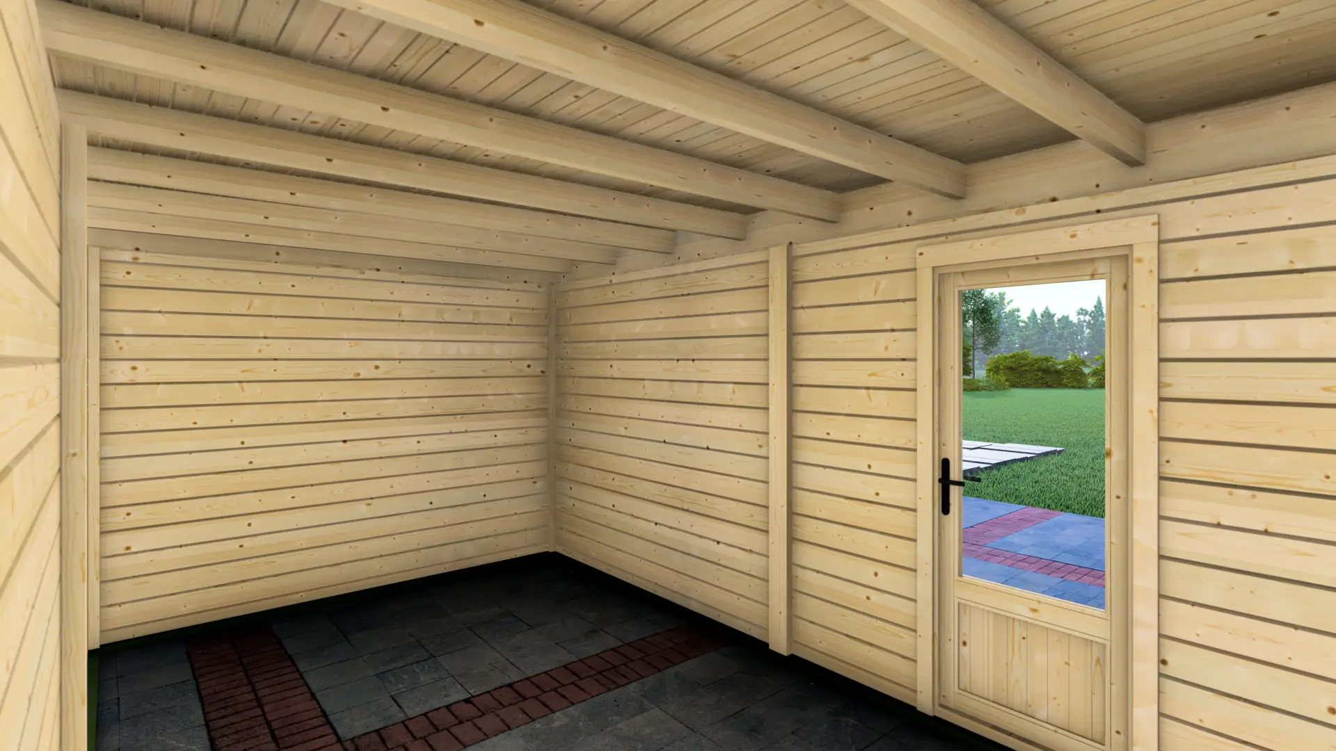 Cabin 5x3m Interior - Nordic Spruce Construction with Modern Post System Cabin 5x3m interior view showing light-colored Nordic spruce walls and ceiling with exposed beams, looking out through a glass-paneled door to green lawn and trees