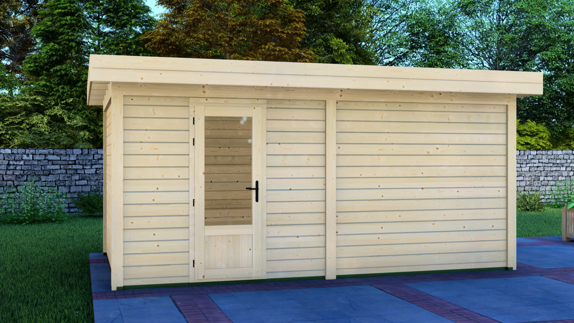 Cabin 5x3m modular timber cabin with sloped roof and horizontal plank siding Cabin 5x3m light-colored wooden shed with horizontal plank siding and sloped roof, front exterior view on paved area