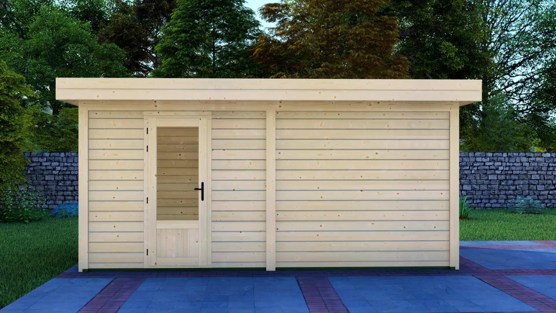 Cabin 5x3m Modern Post System Exterior Front View Cabin 5x3m modern timber structure with horizontal wooden planks, flat roof, and glass-panel door set against green trees