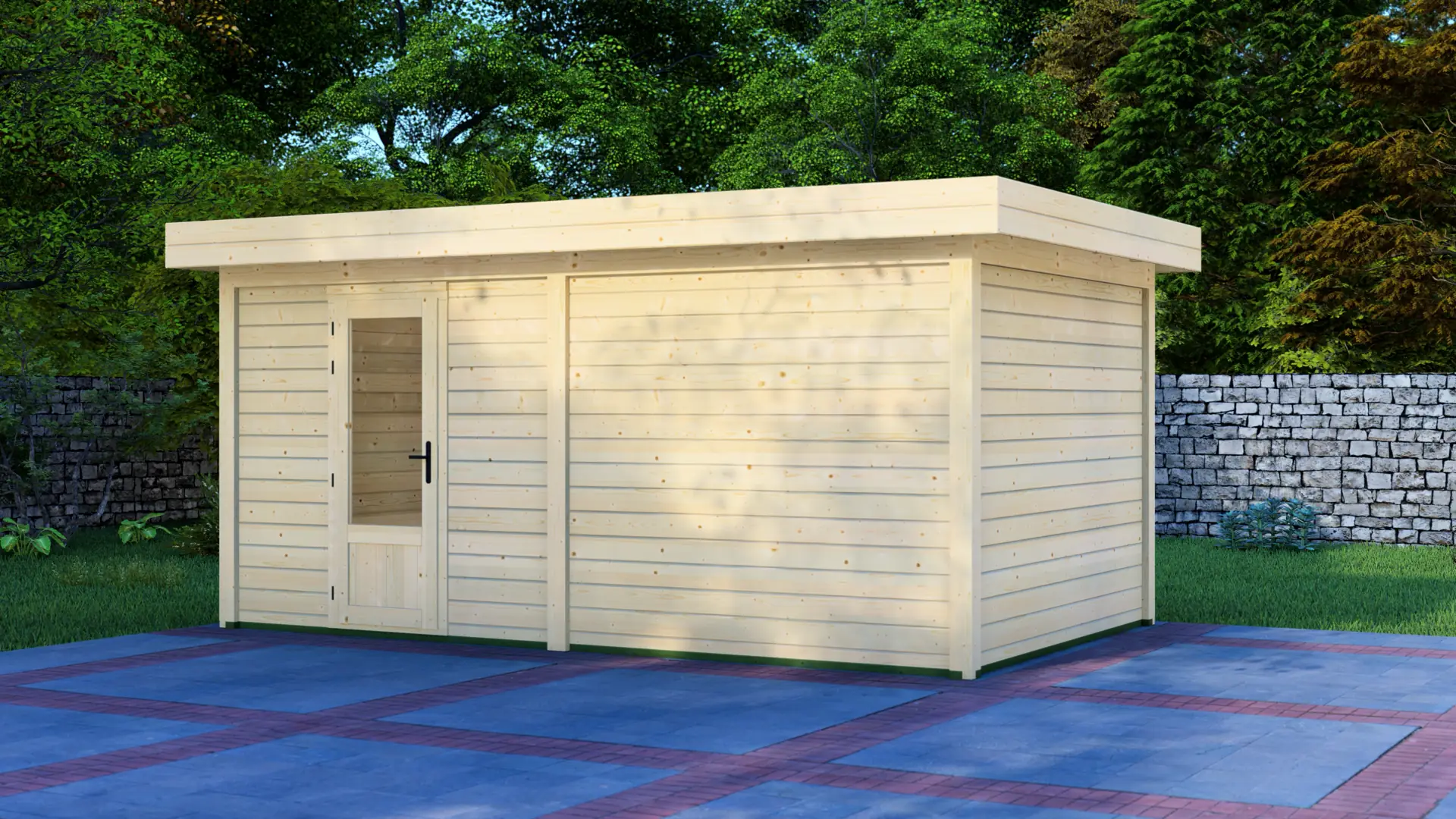 Cabin 5x3m - Modern Timber Cabin with Flat Roof Cabin 5x3m modern wooden cabin with flat roof, front exterior view showing horizontal plank construction and glass-paned door