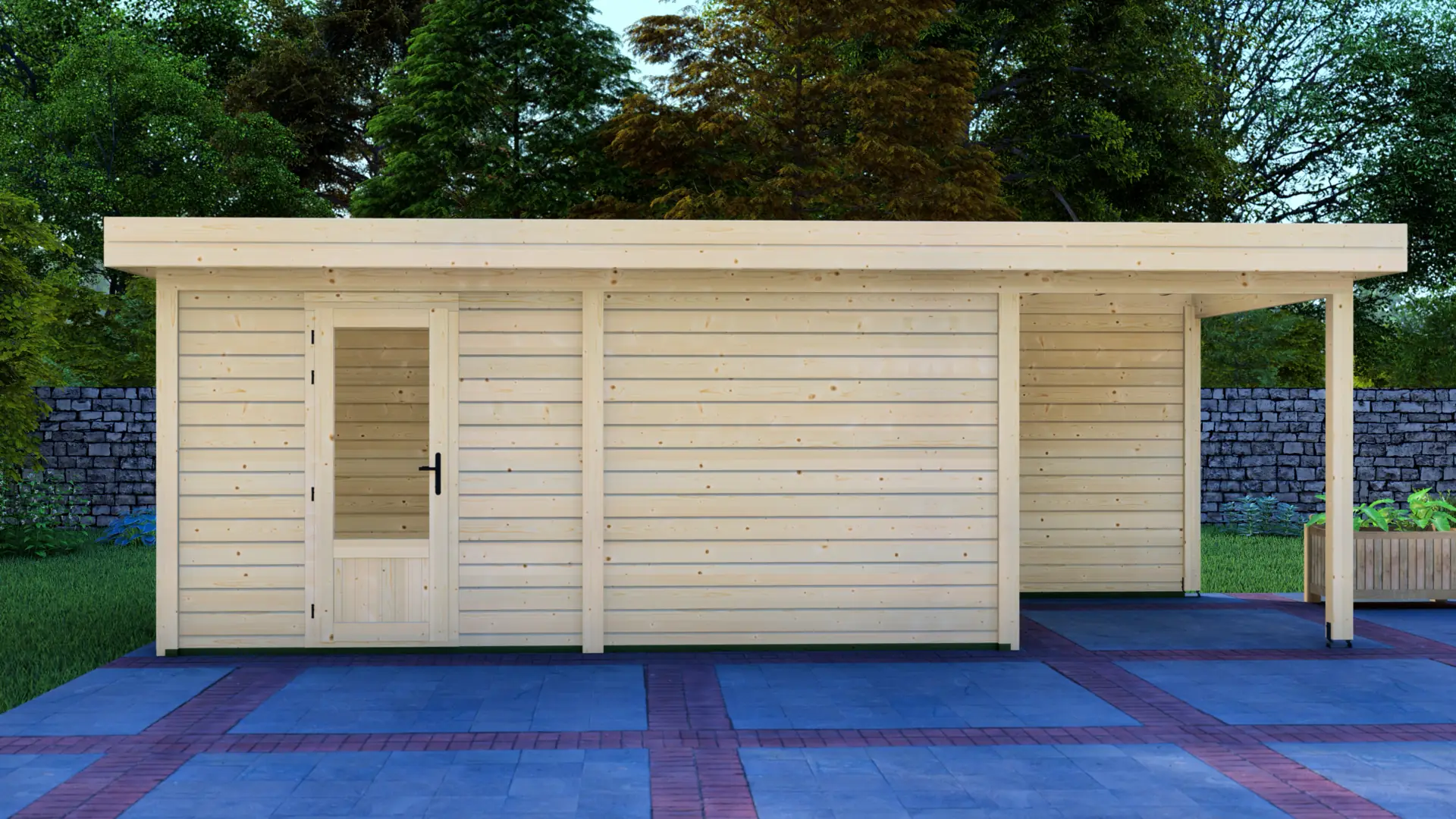 Cabin 5x3m with Canopy 2x3m - Modern Post System B2B Timber Structure Cabin 5x3m with Canopy 2x3m modern wooden structure with horizontal plank siding, glass door, and attached canopy against green trees