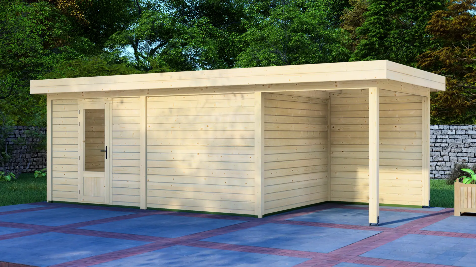 Cabin 5x3m with Canopy 2x3m - Back Wall Exterior View Cabin 5x3m with Canopy 2x3m showing the back wall of the modern timber structure with horizontal plank siding and flat roof