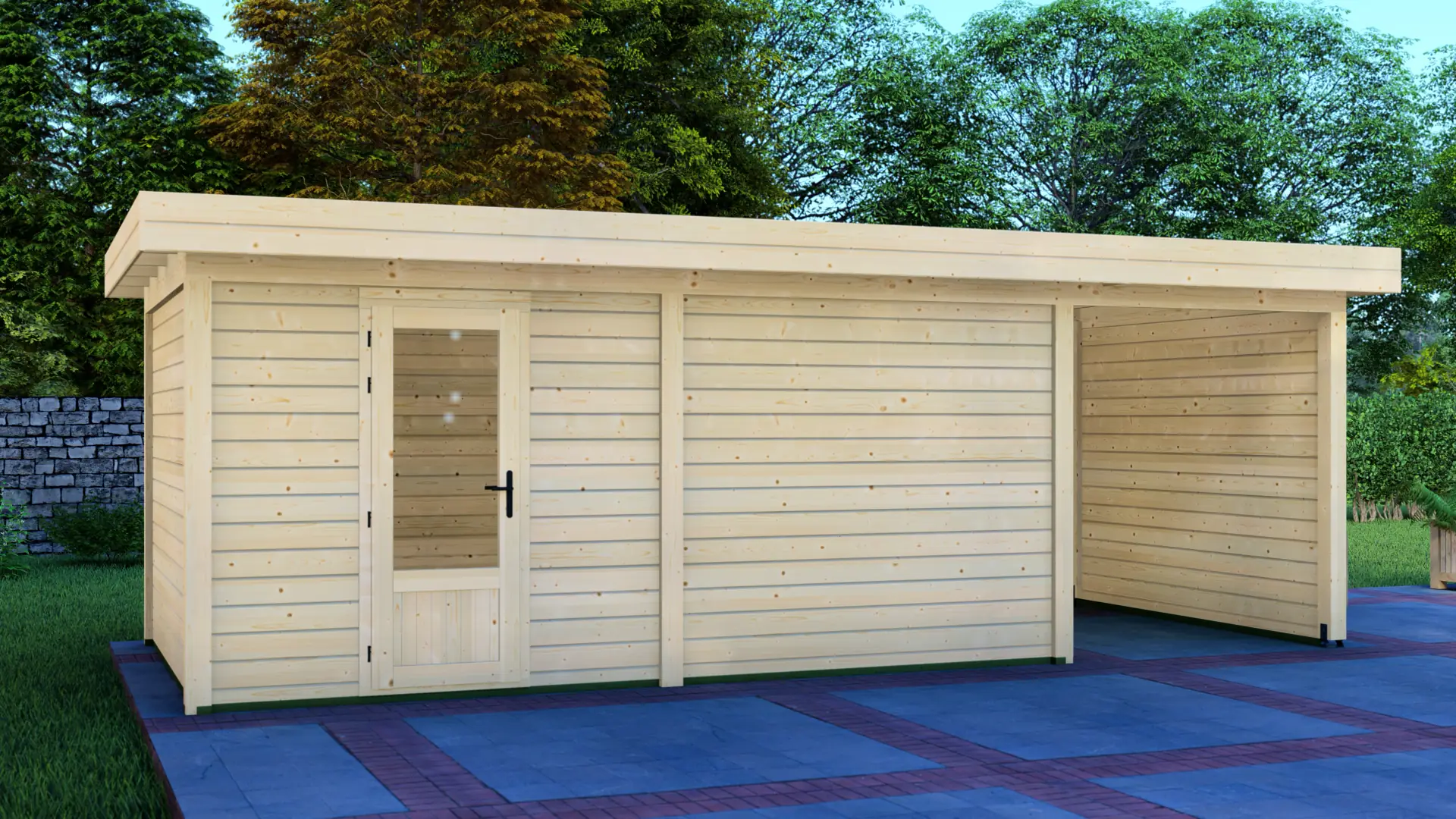 Cabin 5x3m with Canopy 2x3m - Back and Side Exterior View Cabin 5x3m with Canopy 2x3m showing the back and side exterior of the modern timber structure with horizontal wooden planks and glass-paned door