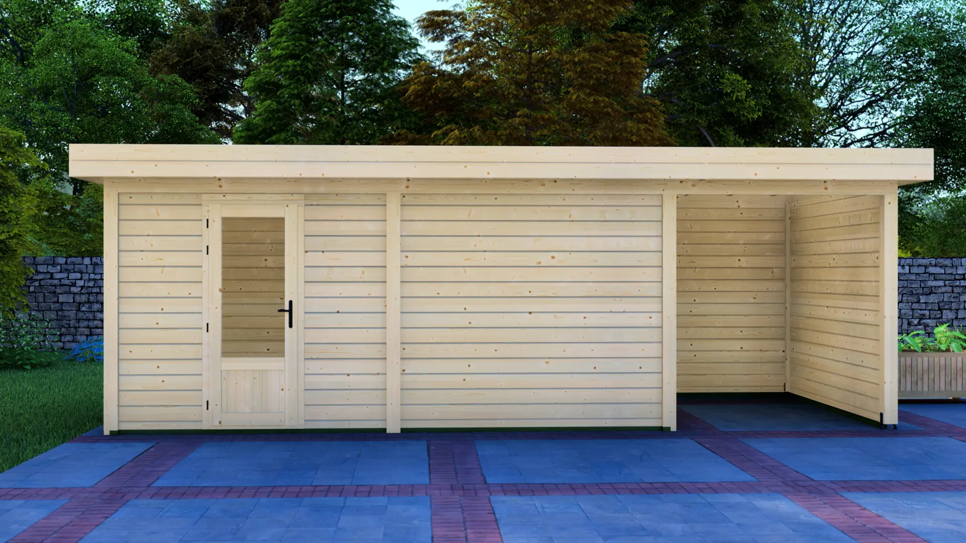 Cabin 5x3m with Canopy 2x3m - Modern Post System B2B Timber Structure Cabin 5x3m with Canopy 2x3m modern timber structure with horizontal plank siding and flat roof, frontal view showing attached canopy