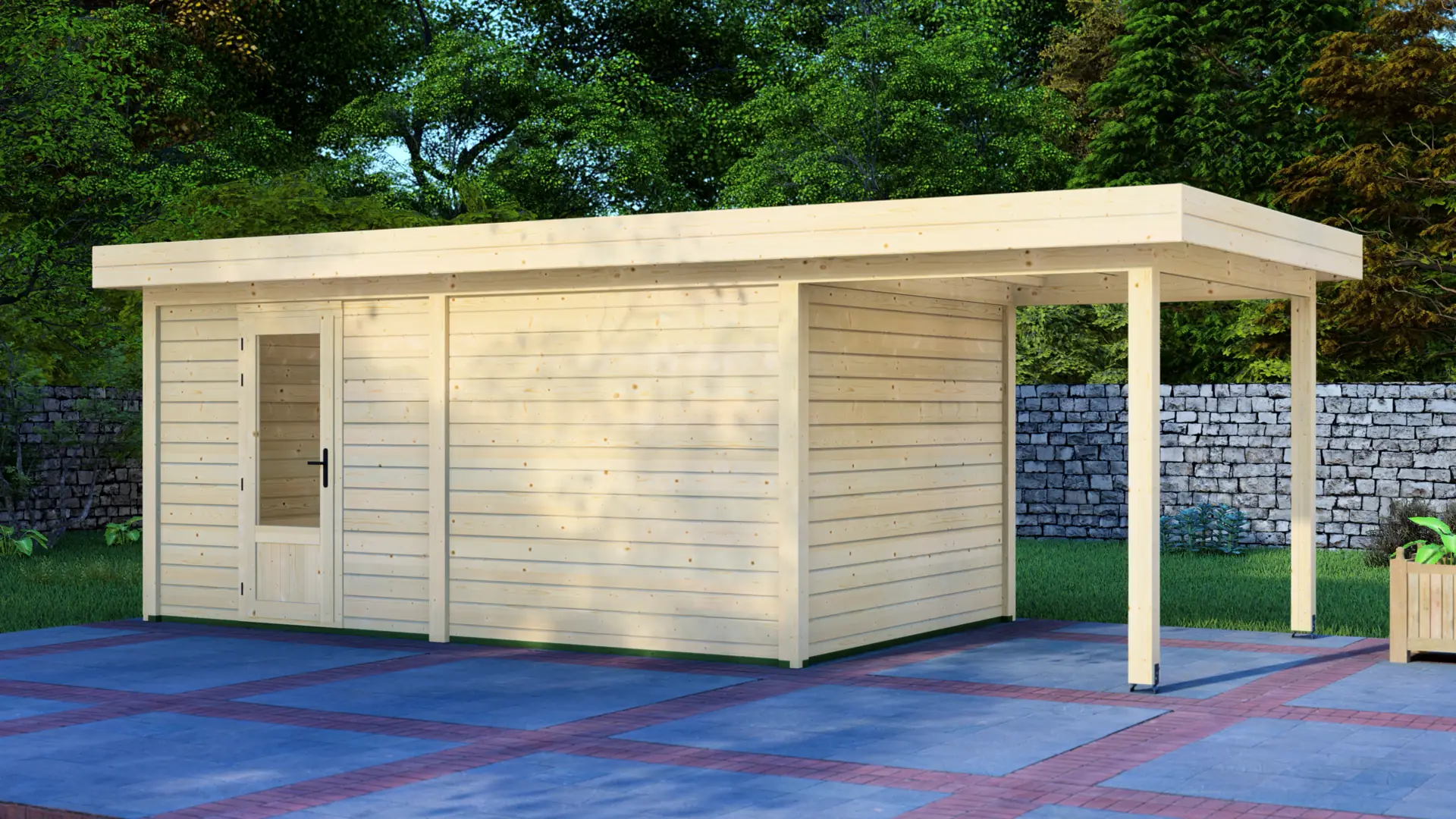 Cabin 5x3m with Canopy 2x3m - Modern Post System B2B Timber Cabin with Attached Canopy Cabin 5x3m with Canopy 2x3m modern wooden cabin with horizontal planking and attached open-sided shelter, viewed from low angle on paved patio