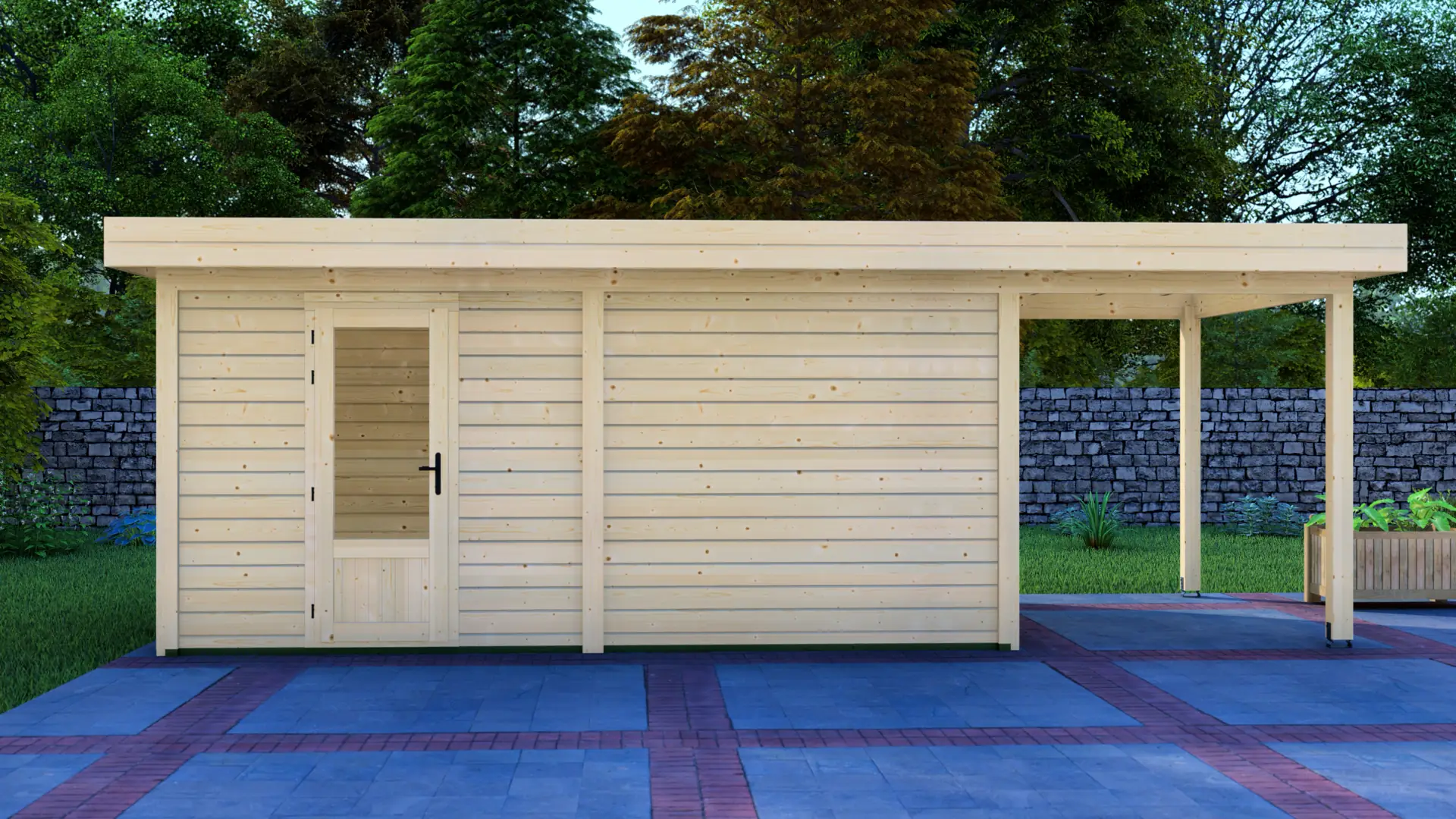 Cabin 5x3m with Canopy 2x3m - Modern Post System B2B Timber Cabin with Attached Canopy Cabin 5x3m with Canopy 2x3m modern wooden cabin with horizontal plank design, flat roof, and attached covered porch set against green trees
