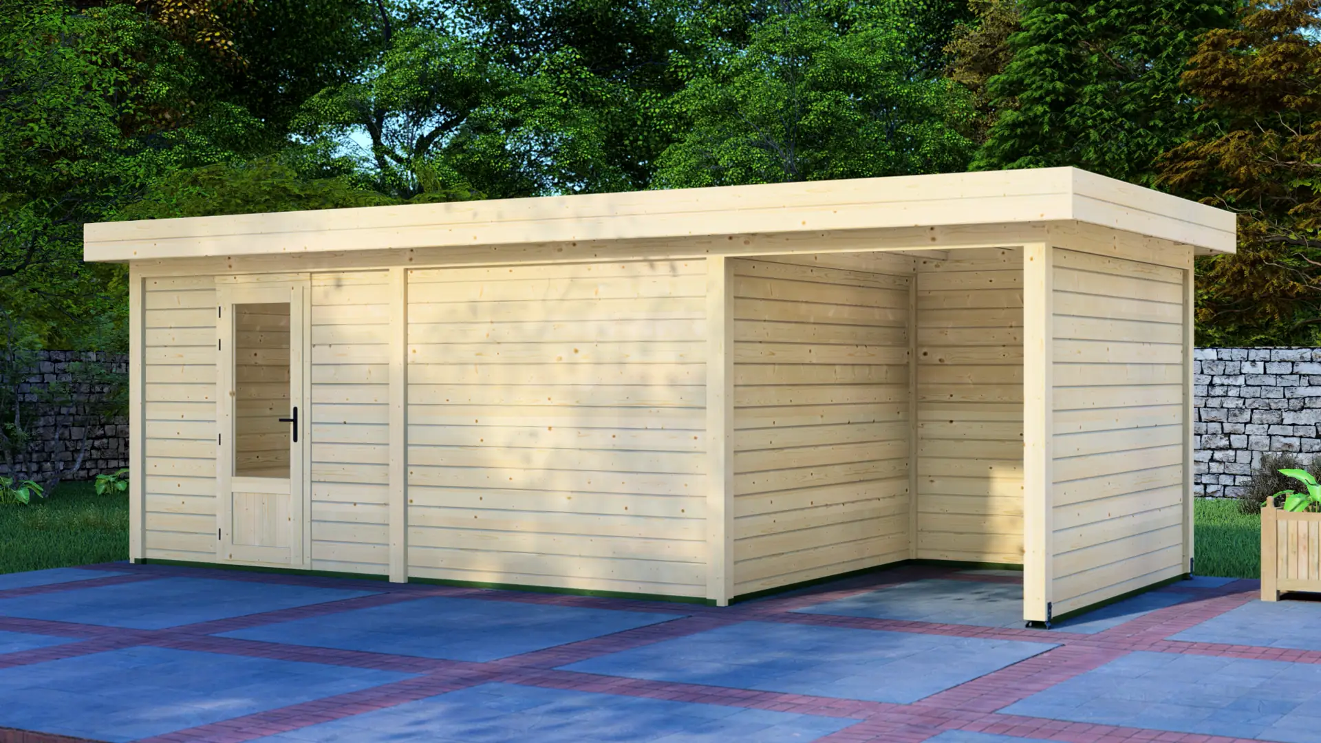 Cabin 5x3m with Canopy 2x3m Modern Post System Timber Cabin with Flat EPDM Roof Cabin 5x3m with Canopy 2x3m modern wooden shed with horizontal plank siding, flat roof, and glass-paned door on a paved patio