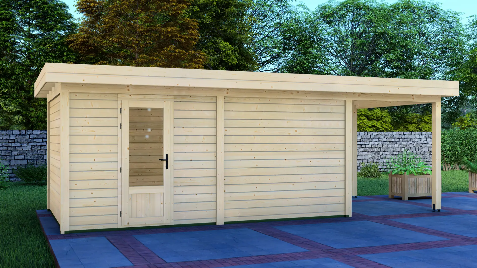 Cabin 5x3m with Canopy 2x3m - Modern Post System B2B timber cabin with 28mm Nordic spruce panels Cabin 5x3m with Canopy 2x3m modern wooden cabin with sloped roof and glass-paneled door on paved patio with trees and stone wall backdrop