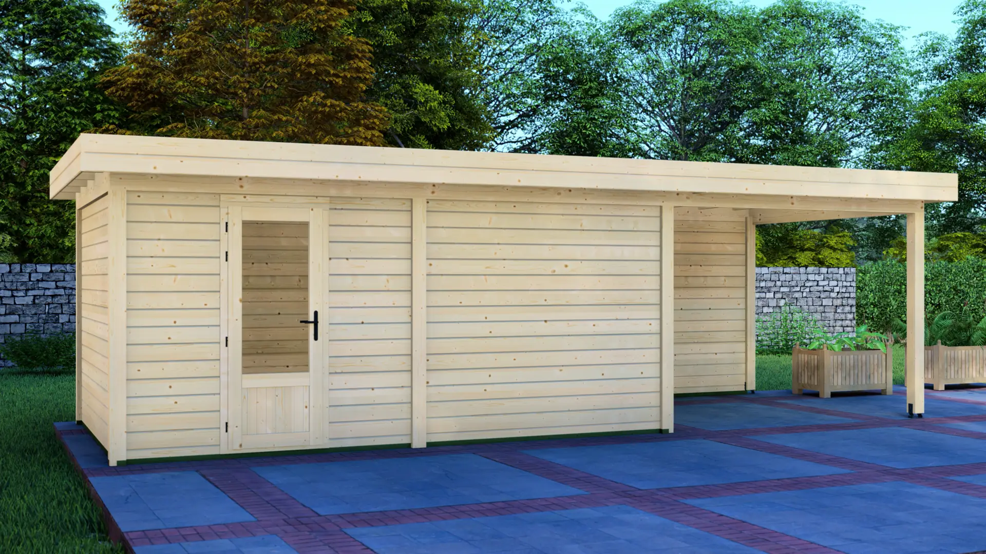 Cabin 5x3m with Canopy 3x3m - Back Exterior View with Patio and Natural Surroundings Cabin 5x3m with Canopy 3x3m shows a light-colored wooden shed with sloped roof and glass-pane door on a paved patio with trees and stone wall in background