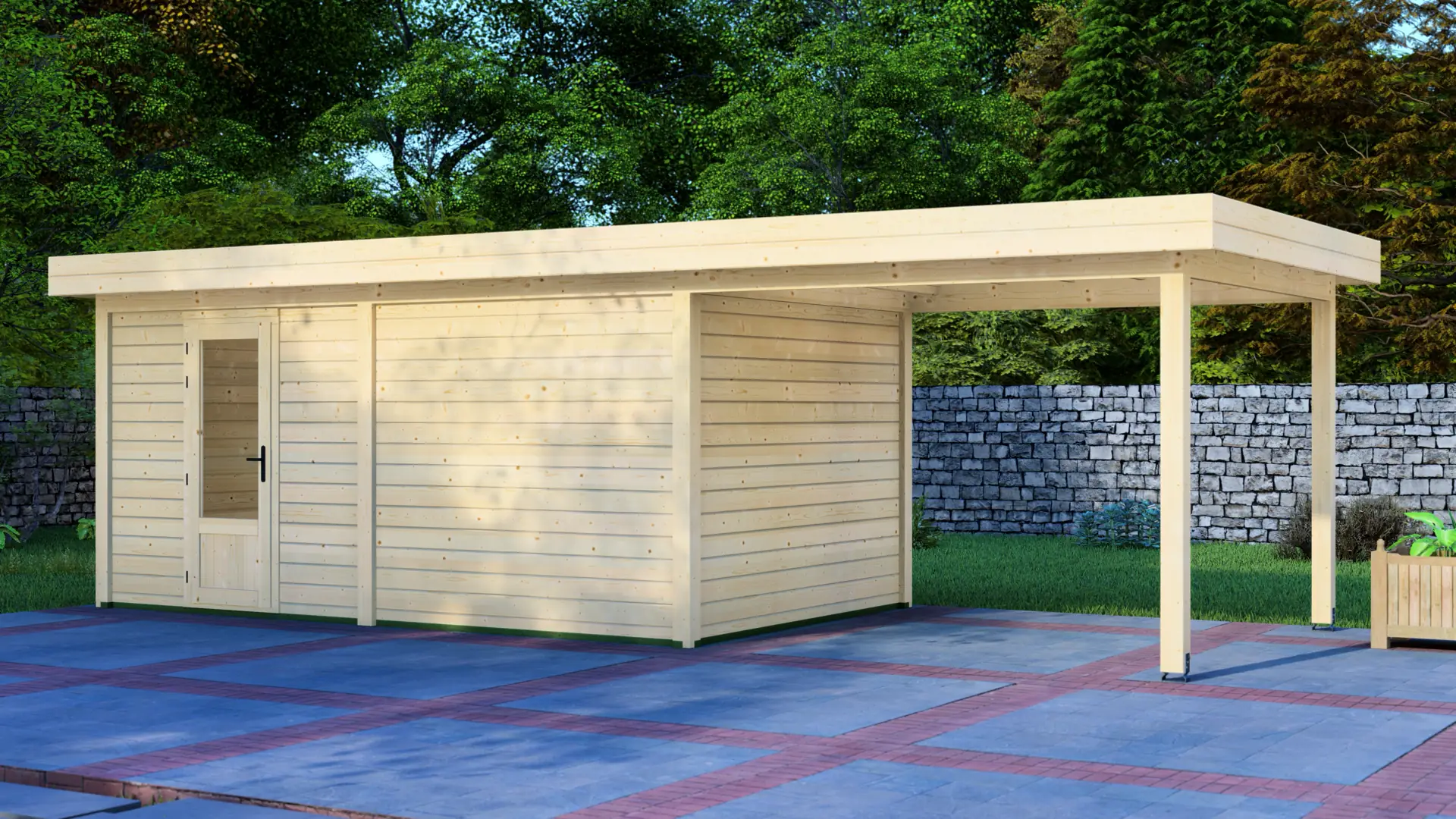 Cabin 5x3m with Canopy 3x3m - Modern Wooden Cabin with Attached Covered Patio Cabin 5x3m with Canopy 3x3m modern wooden cabin with attached covered patio made of light-colored Nordic spruce planks and flat roof