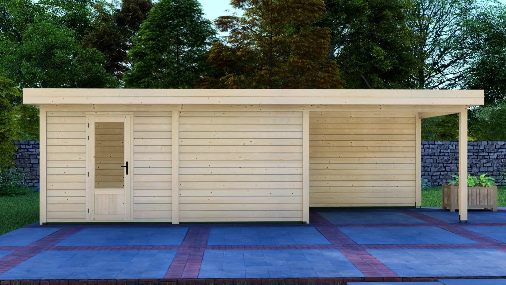 Cabin 5x3m with Canopy 3x3m - Modern Wooden Structure with Glass Door Cabin 5x3m with Canopy 3x3m modern wooden cabin with glass door on paved patio with trees and stone wall backdrop