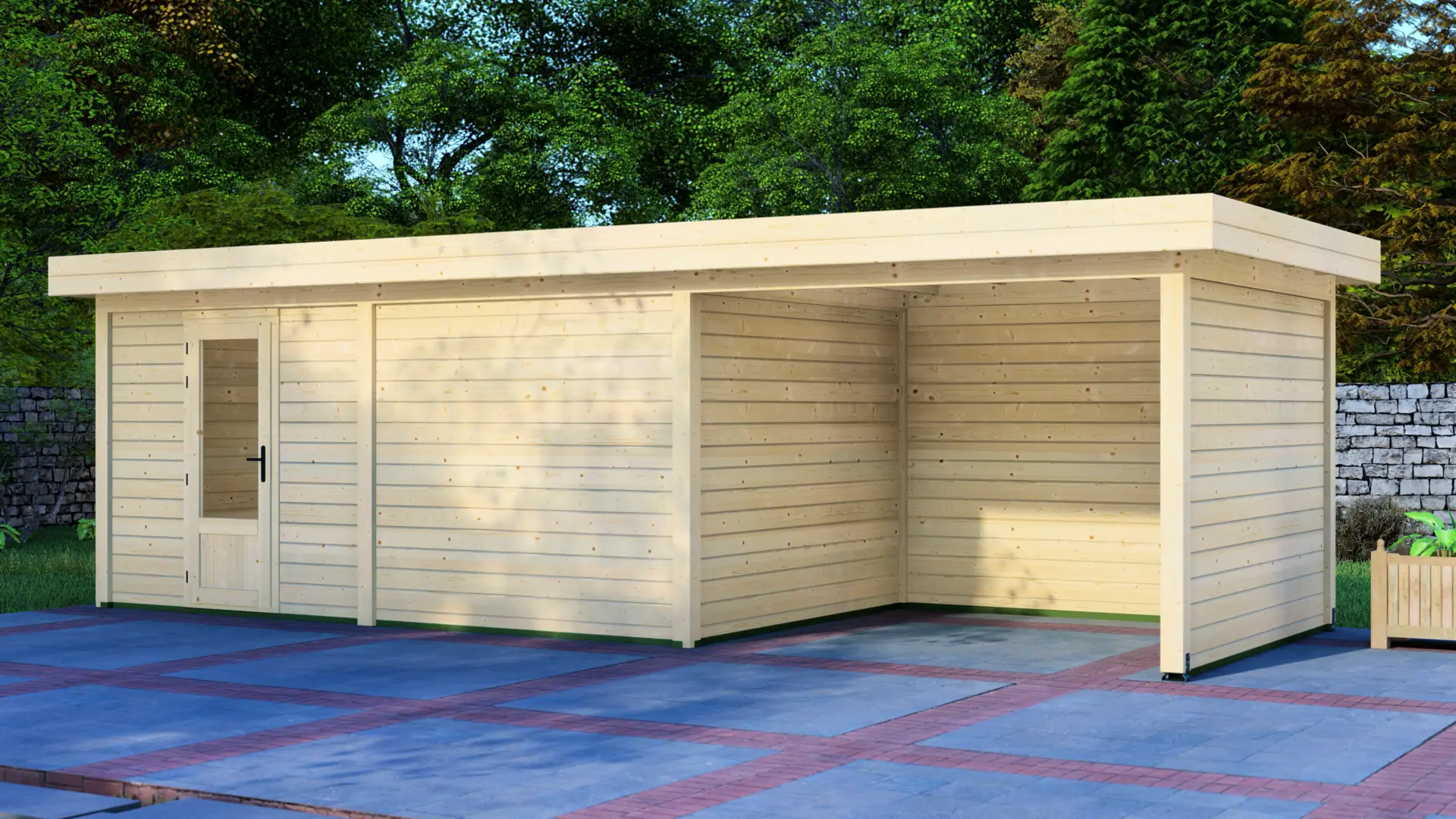 Cabin 5x3m with Canopy 3x3m - Modern Wooden Structure with Glass Door and Carport Cabin 5x3m with Canopy 3x3m shows a modern wooden structure with flat roof, featuring an enclosed cabin with glass-paneled door and open carport area made from Nordic spruce.