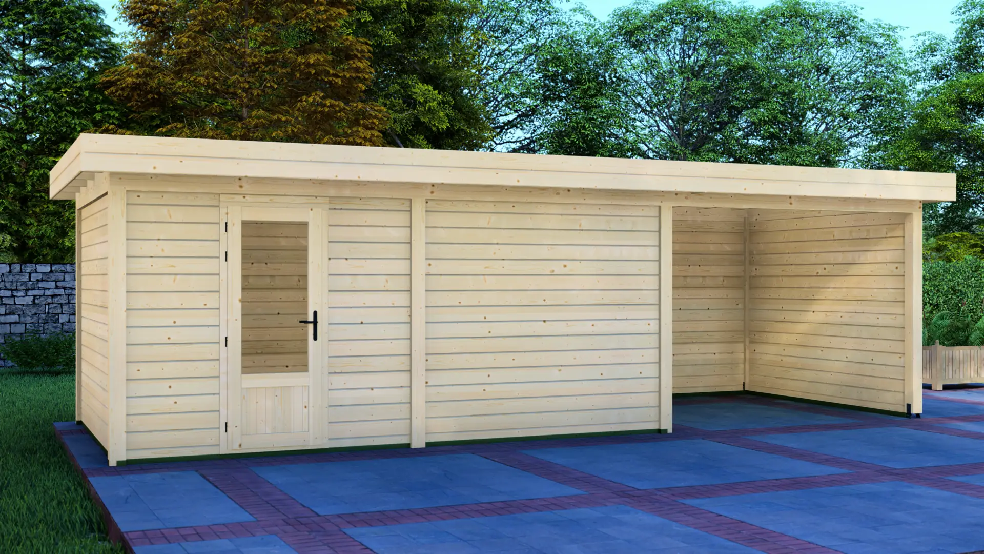 Cabin 5x3m with Canopy 3x3m - Modern Nordic Spruce Structure with Attached Carport Cabin 5x3m with Canopy 3x3m modern wooden structure with horizontal plank siding, single glass-pane door, and attached open-sided carport set against green trees