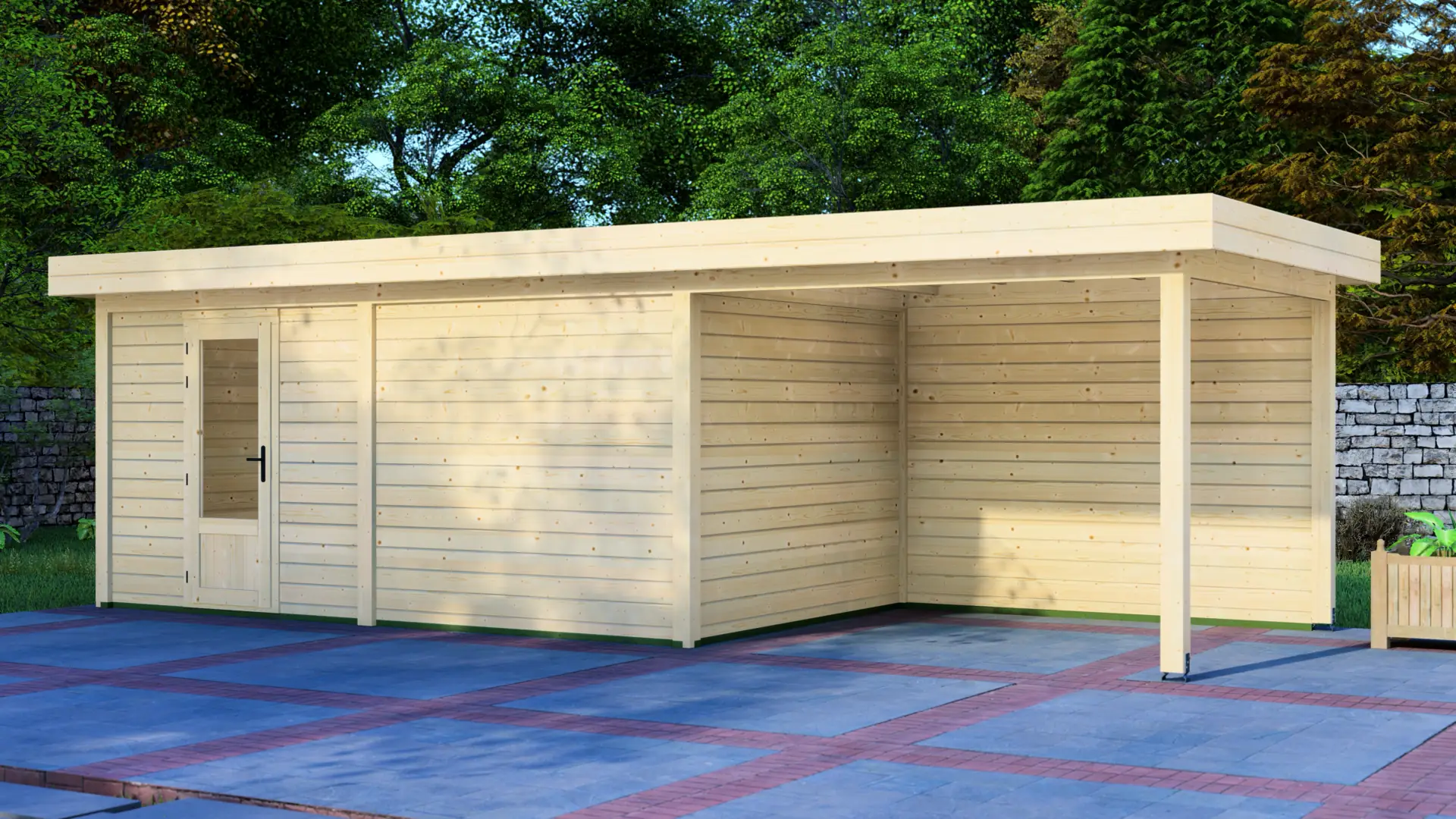 Cabin 5x3m with Canopy 3x3m - Modular Post System Back Exterior View Cabin 5x3m with Canopy 3x3m modular wooden structure with flat roof and glass door, set against green trees and stone wall