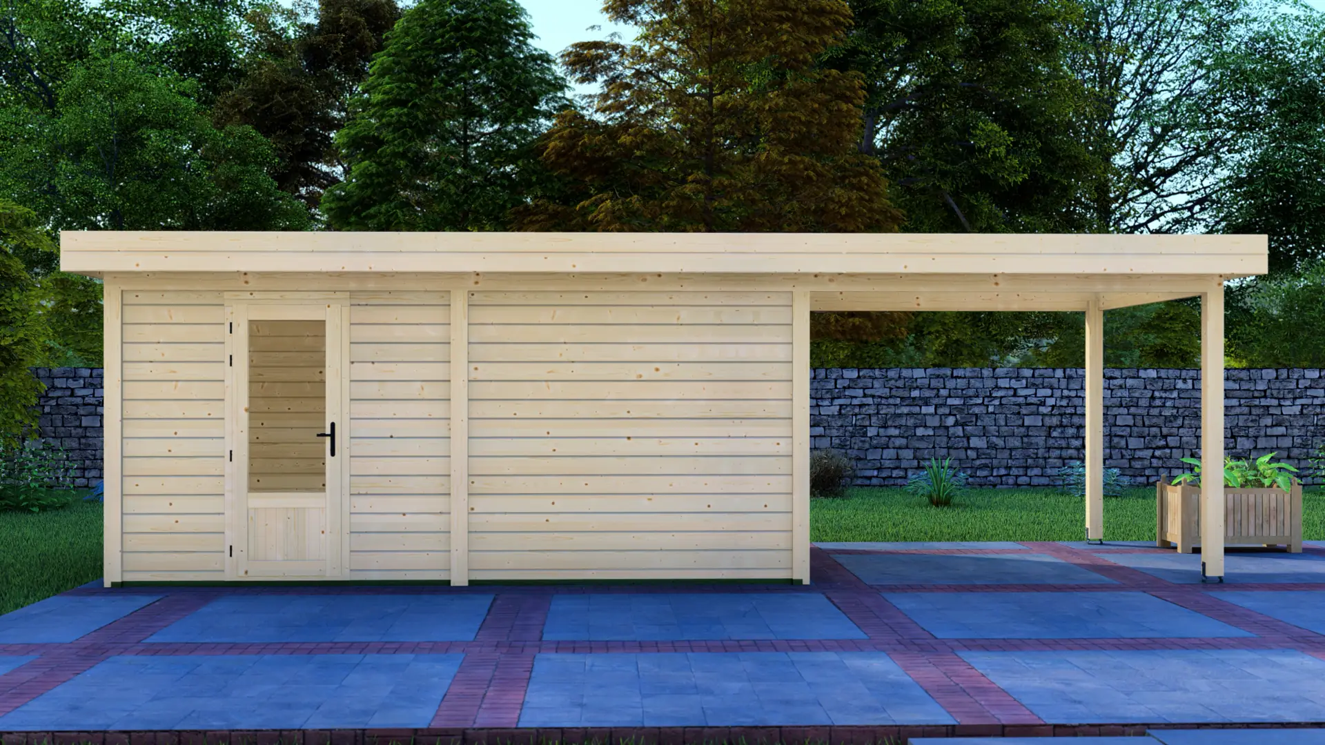 Cabin 5x3m with Canopy 3x3m - Modular Post System Exterior Front View Cabin 5x3m with Canopy 3x3m shows a light-colored wooden structure with horizontal planks, glass-paneled door, and attached covered patio on a paved outdoor setting