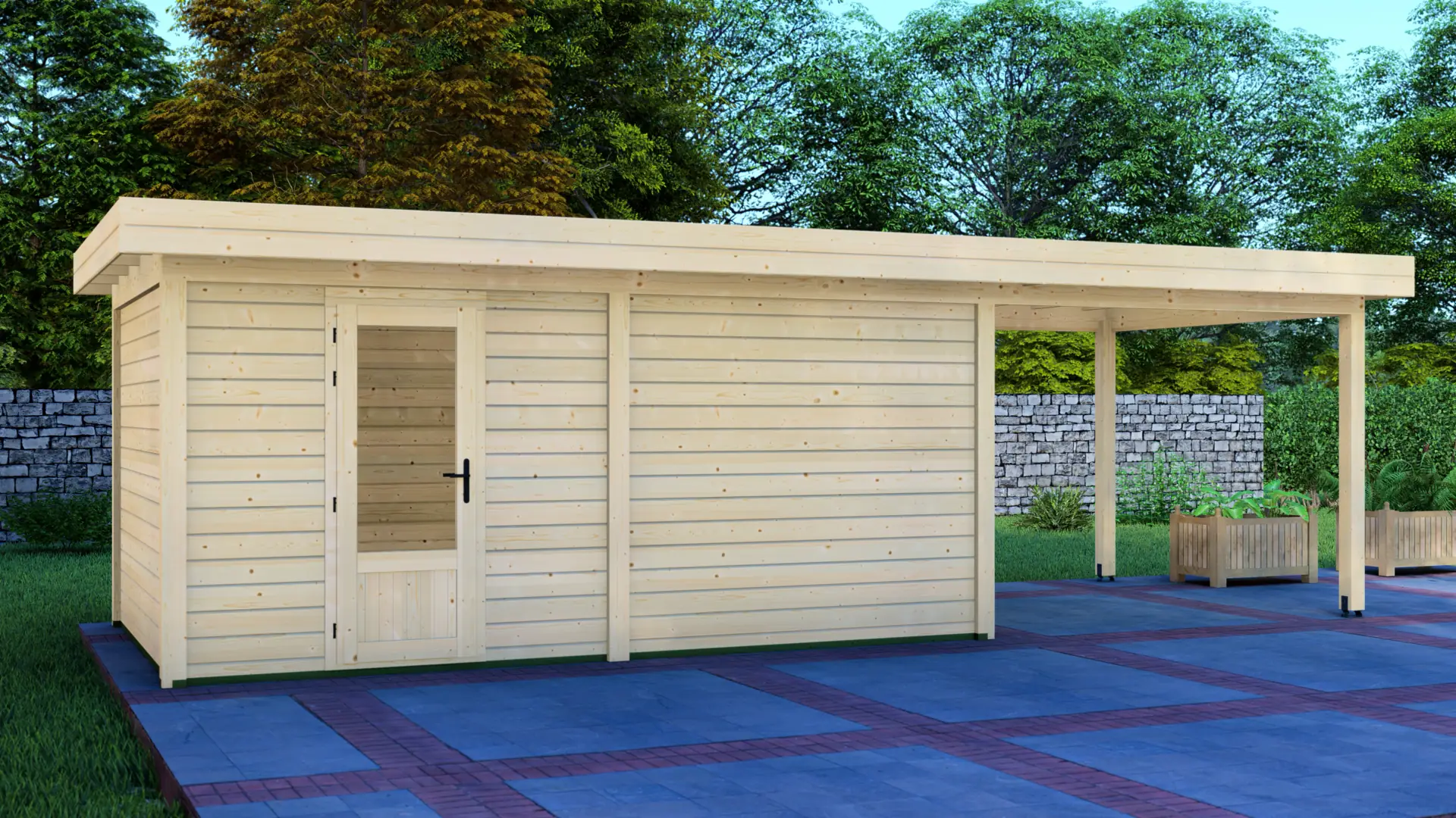 Cabin 5x3m with Canopy 3x3m Modular Post System - Exterior Front View Cabin 5x3m with Canopy 3x3m shows a light-colored wooden shed with sloped roof and glass-paneled door constructed from horizontal Nordic spruce planks