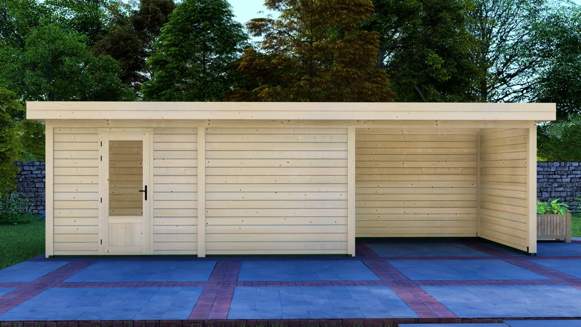 Cabin 5x3m with Canopy 3x3m - Premium Modular Post System with 28mm Panels and Nordic Spruce Cabin 5x3m with Canopy 3x3m shows a light-colored wooden structure with horizontal plank siding and flat roof, featuring a glass-paned door and open-sided section in a natural setting