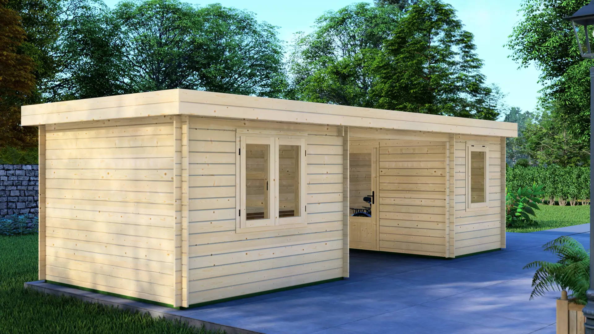 Log Cabin Jumpy 28mm Nordic Spruce Prefabricated Wooden Cabin - Exterior Front View Log Cabin Jumpy prefabricated wooden cabin with 28mm Nordic spruce walls, flat roof, and horizontal plank exterior in outdoor setting