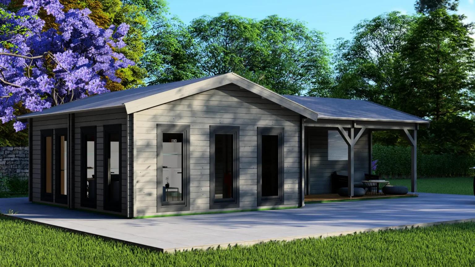 Garden House Jolly modern single-story log cabin with gray wooden exterior, dark gray roof, and large dark-framed windows in lush green environment