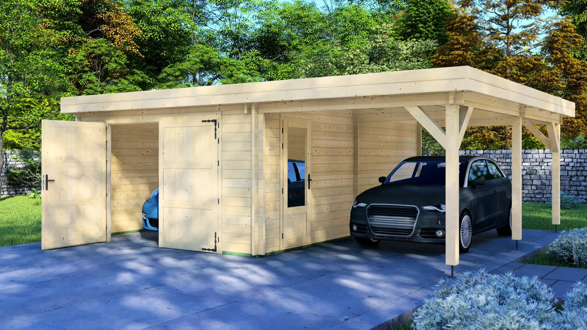Garage Energetic 7x6 wooden garage and carport structure with traditional apex roof design Garage Energetic 7x6 wooden garage and carport structure with two enclosed bays and open area, made from 44mm Nordic spruce