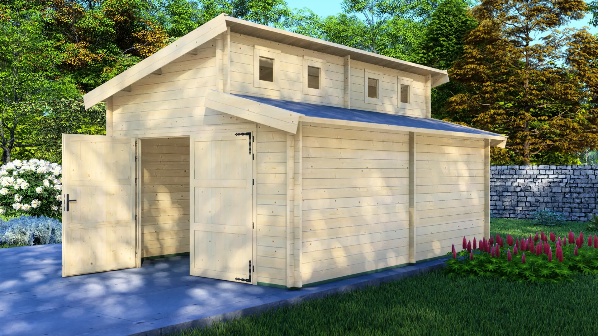 Garage Active 6x4 - 4.00m × 5.95m prefabricated wooden garage with 44mm Nordic spruce construction Garage Active 6x4 prefabricated wooden garage with light-colored Nordic spruce walls, blue roof, and multiple upper windows in front exterior view with one door open