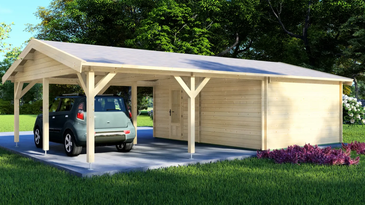 Garage Able + Carport 9.5×6 wooden carport attached to log cabin structure with light-colored frame and gray roof, set against green landscape
