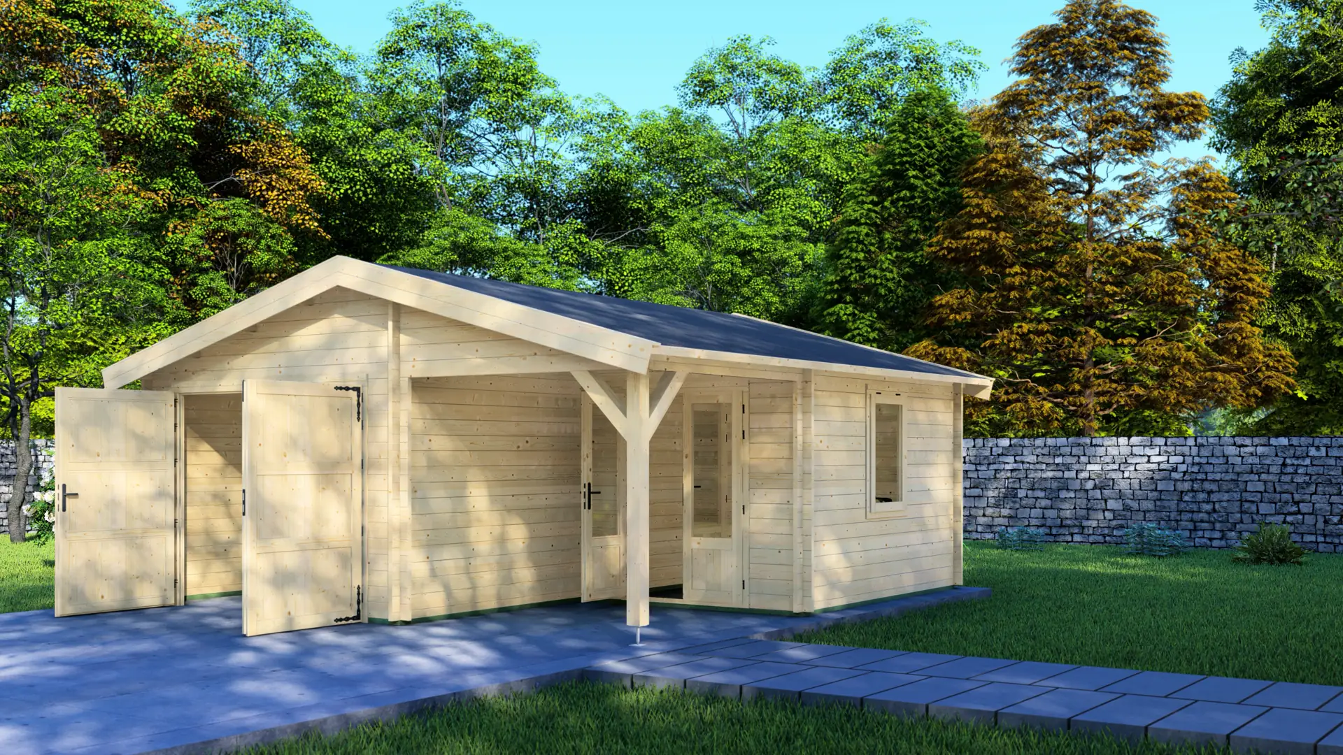 Garage City 6x6 Prefabricated Wooden Garage - Front Exterior View Garage City 6x6 prefabricated wooden garage with classic pitched roof, built from 44mm Nordic spruce, shown in front exterior view with double doors and covered entrance.
