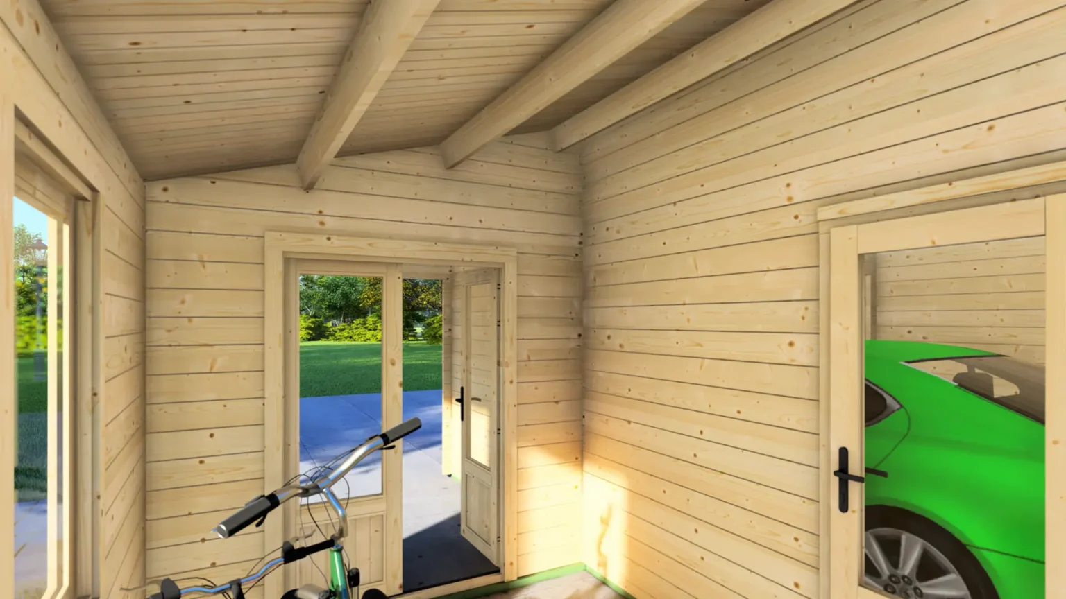 Garage City 6x6 interior view showing light-colored wood plank construction with doorways and window openings