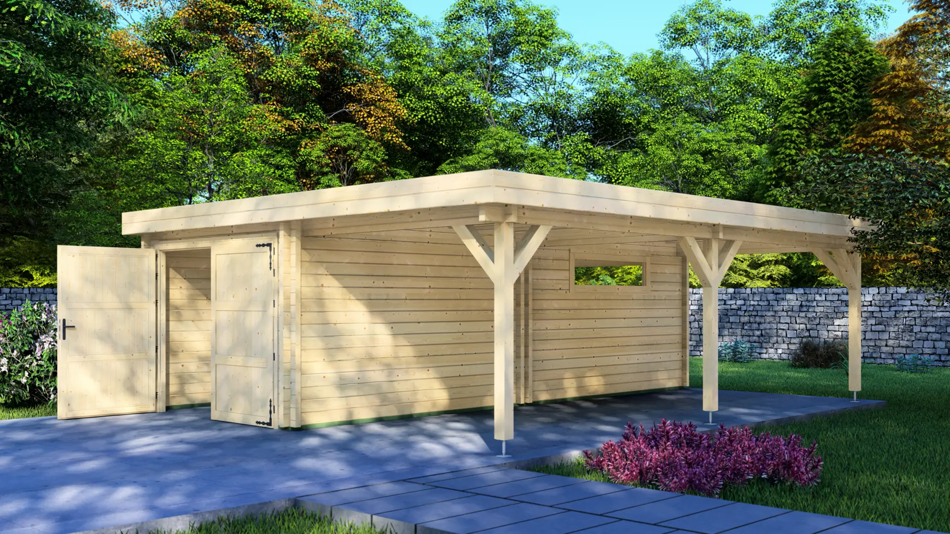Garage + Carport 6.5×6 Premium Wooden Structure with Carport - Front Exterior View Garage + Carport 6.5×6 wooden structure with attached carport made of 68mm Nordic spruce, featuring double doors and a window in a natural setting